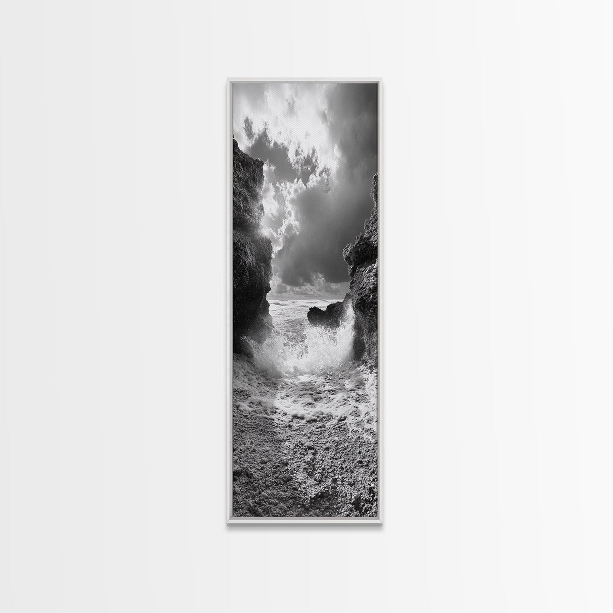 Wave Crash Rocks, Ocean Drama Scene, Moody Beach Photography, Coastal Kitchen Decor, Framed Canvas Print, Nautical Wall Art