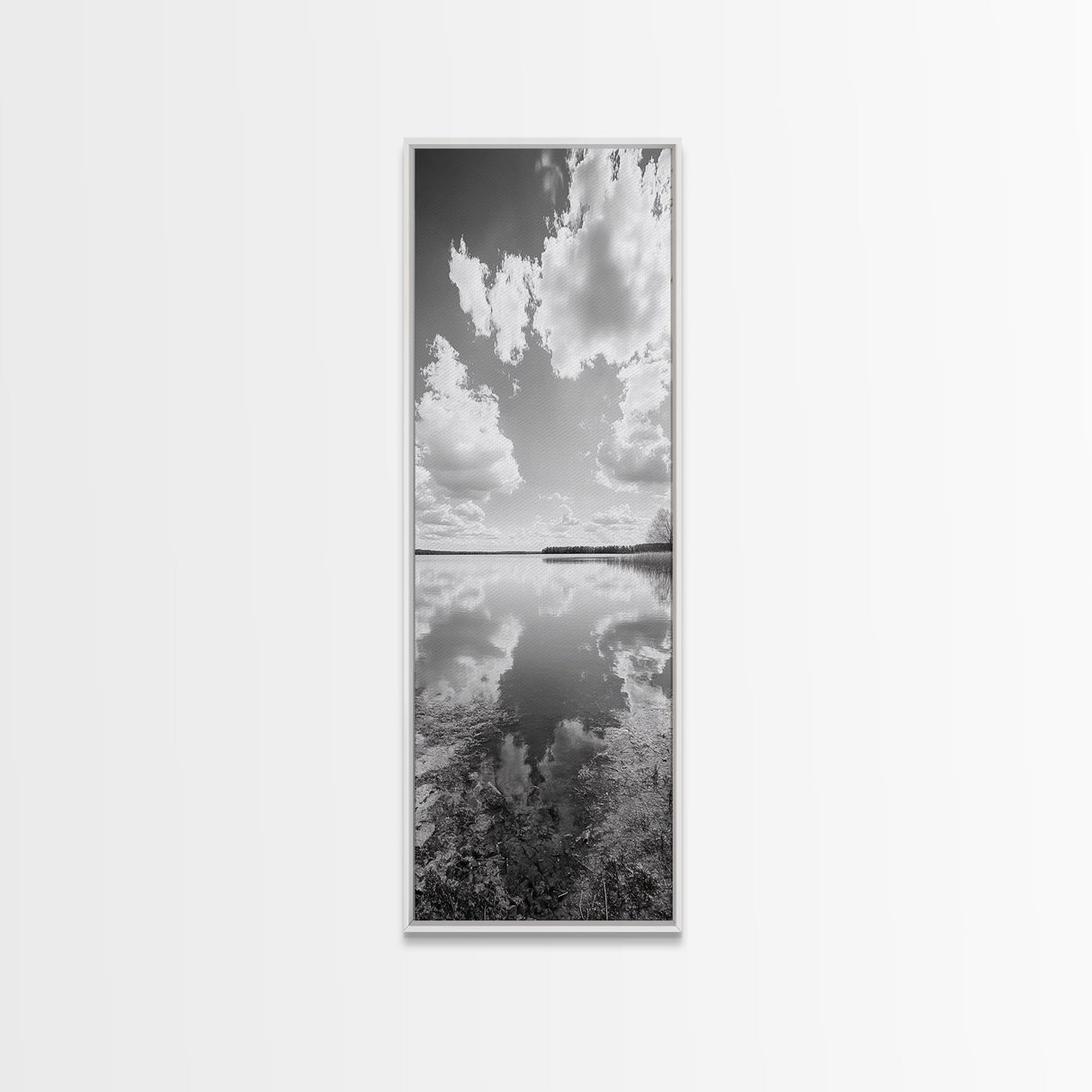 Lake Reflection, Calm Waters, Cloudy Sky, Minimalist Landscape, Framed Canvas Print, Neutral Living Room Art, Tranquil Nature Scene