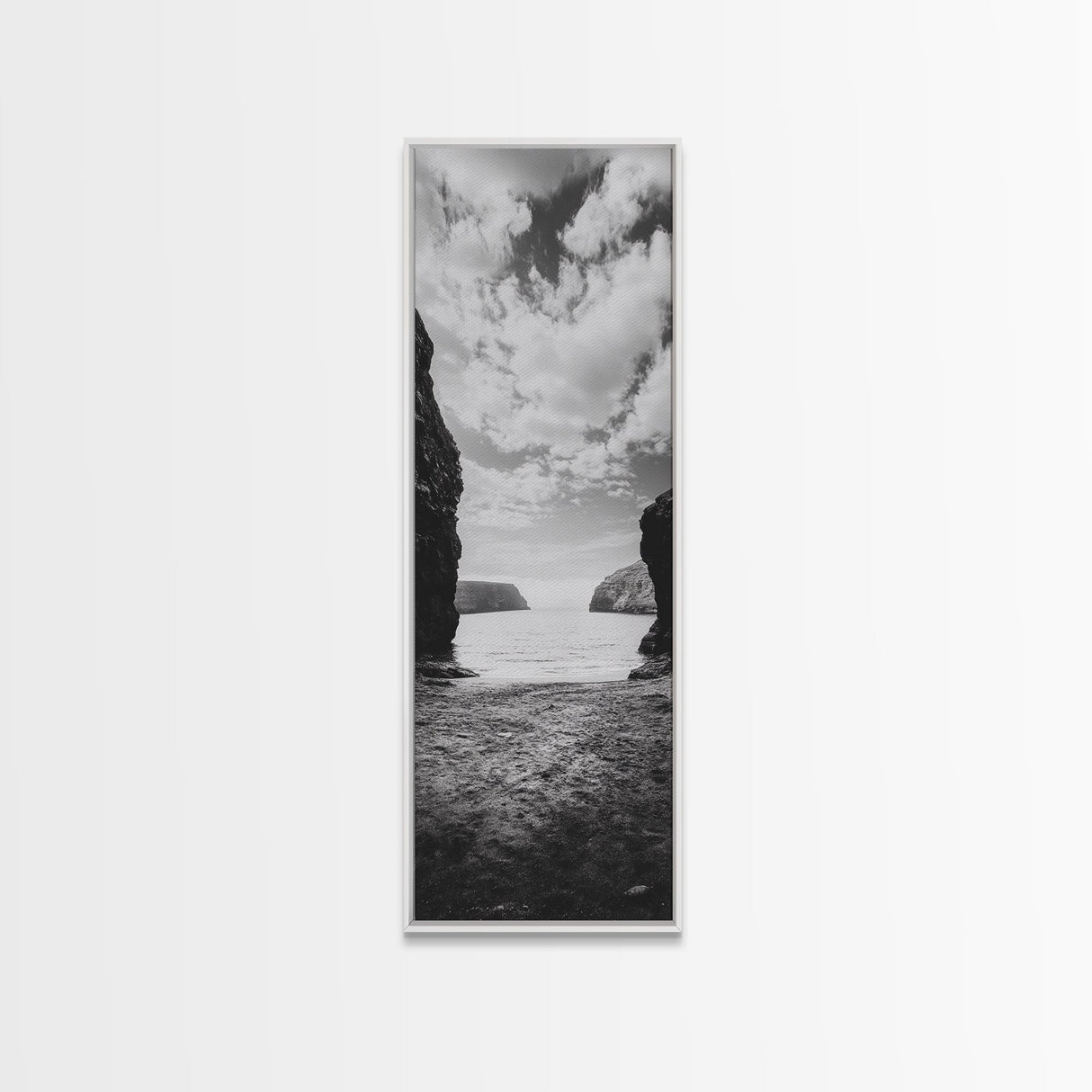 Seaside Cliffs, Ocean Gateway, Tranquil Cove, Framed Canvas Print, Nautical Wall Art, Modern Coastal Decor, Neutral Beach Style
