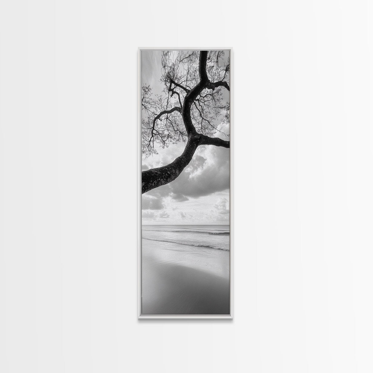 Ocean Tree View, Beach Horizon, Minimal Branches, Framed Canvas Print, Coastal Living Room Art, Neutral Decor, Zen Nature Photography