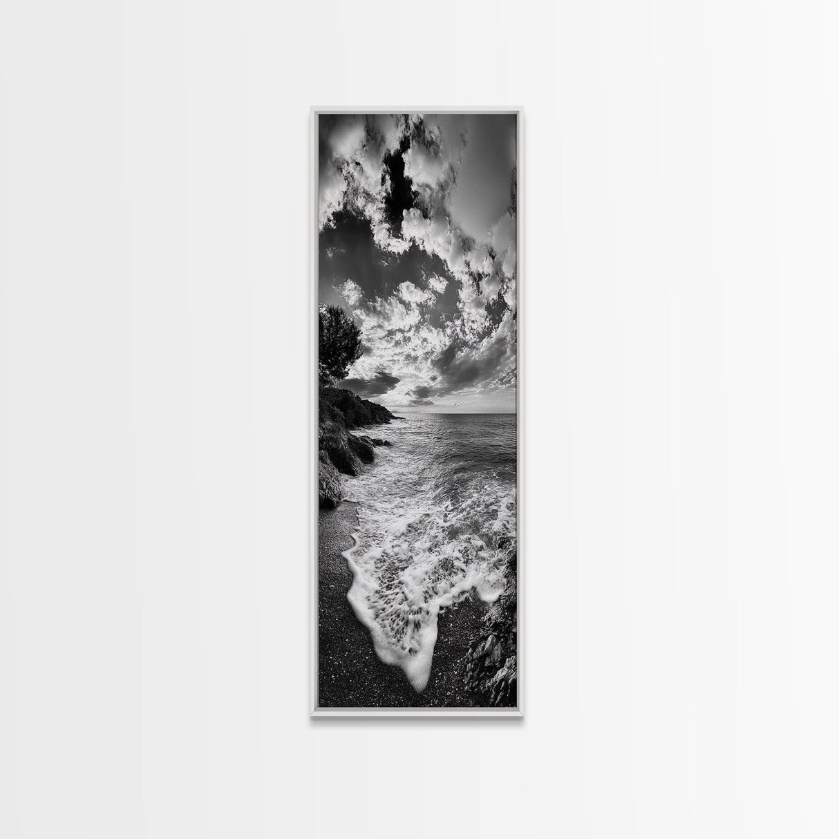 Rocky Coastline, Ocean Foam, Sunset Glow, Framed Canvas Print, Nautical Wall Art, Beach House Decor, Moody Seascape Photography