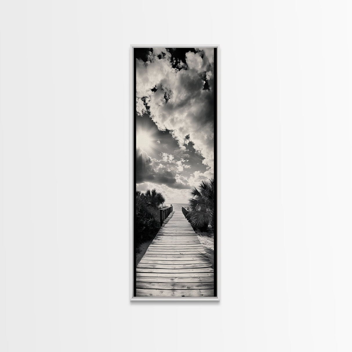 Boardwalk Path, Coastal Sunset, Palm Trees, Framed Canvas Print, Beach Walkway Wall Art, Entryway or Living Room Coastal Decor