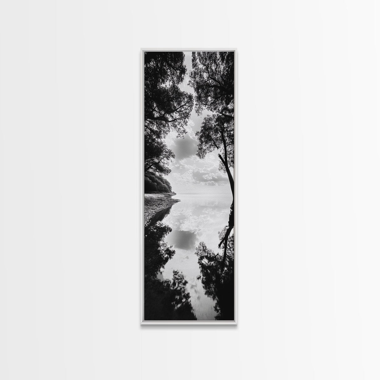 Misty Lake, Nature Reflection, Tranquil Waters, Monochrome Trees, Framed Canvas Print, Minimalist Wall Art, Bathroom or Hallway Decor