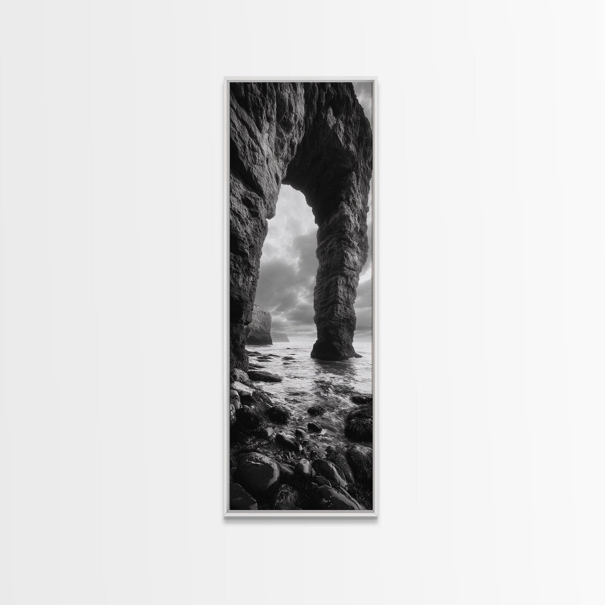 Sea Arch, Coastal Rocks, Ocean Waves, Dramatic Sky, Framed Canvas Print, Coastal Wall Art, Minimalist Beach House Decor, Bedroom Artwork