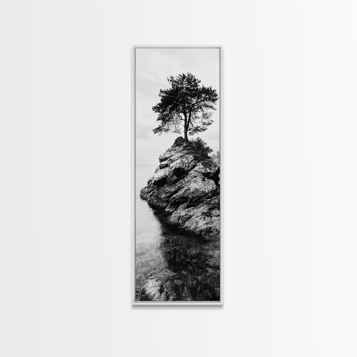 Lone Tree, Rock Island, Tranquil Coast, Nature Strength, Framed Canvas Print Cabin Wall Art, Minimalist Tree Print, Nordic Nature Living Room Decor