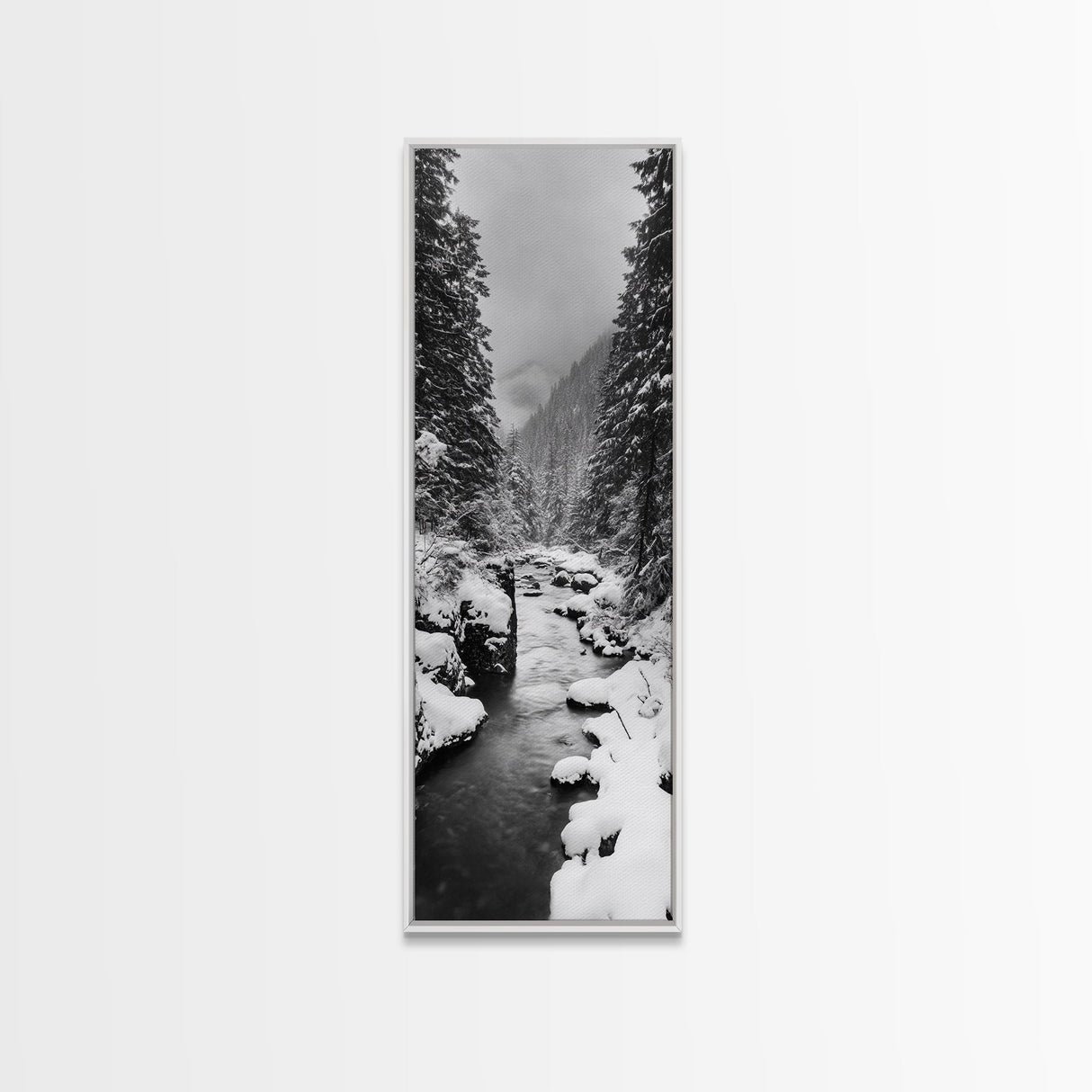 Winter Forest, Snowy River, Pine Trees, Canvas Print, Cozy Cabin Wall Art, Nature Lover Gift, Scandinavian Style, Holiday Decor, Bedroom Decor