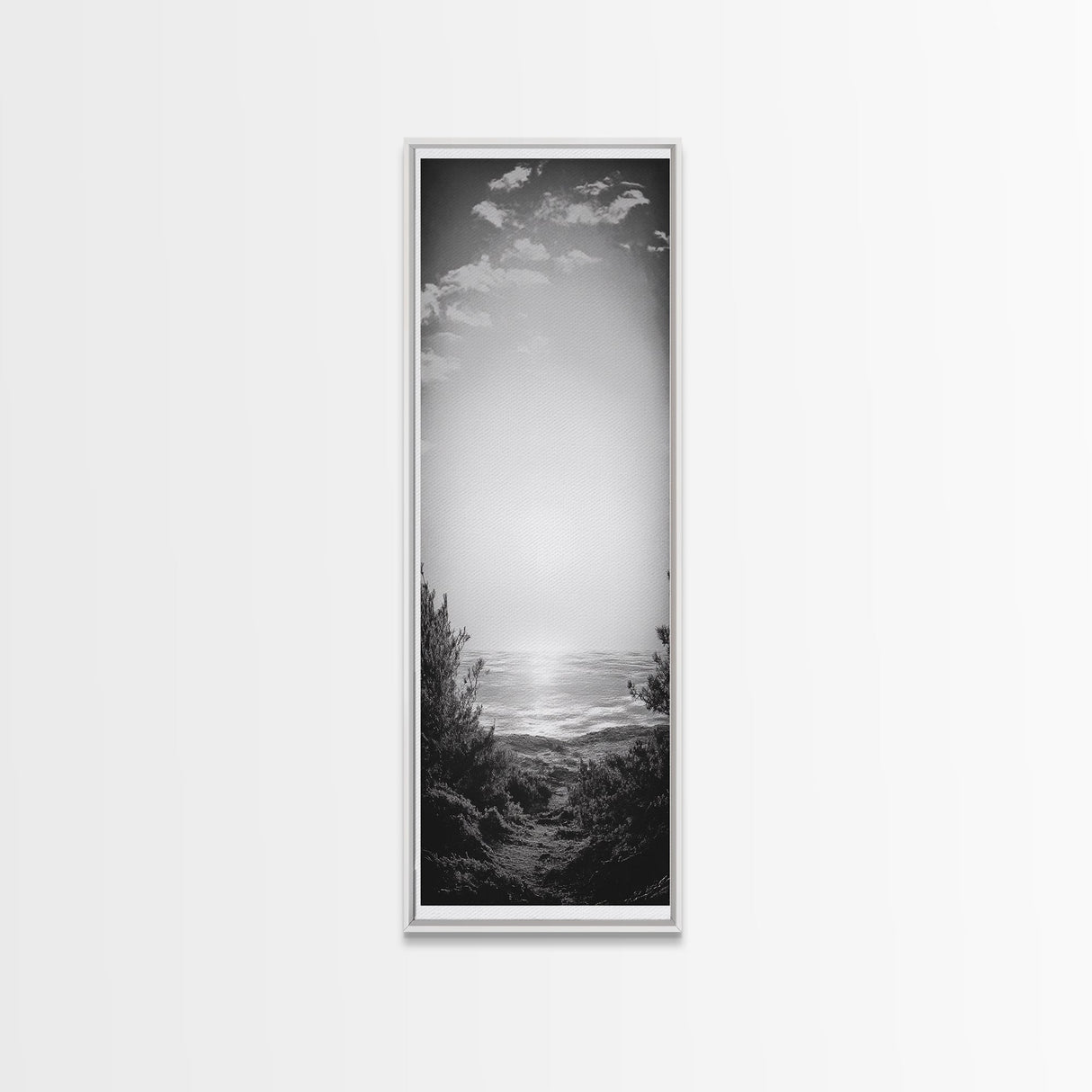 Horizon Glow, Ocean Sunset, Seaside Path, Tranquil Evening Framed Canvas Print, Nature Inspired Bedroom Wall Art, Zen Minimalist Decor