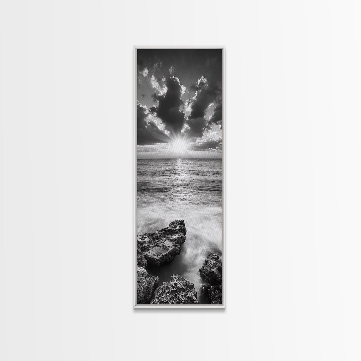 Rocky Sea, Glowing Horizon, Soft Waves, Twilight Sky, Canvas Print, Coastal Art, Living Room Wall Art, Seaside Modern Decor