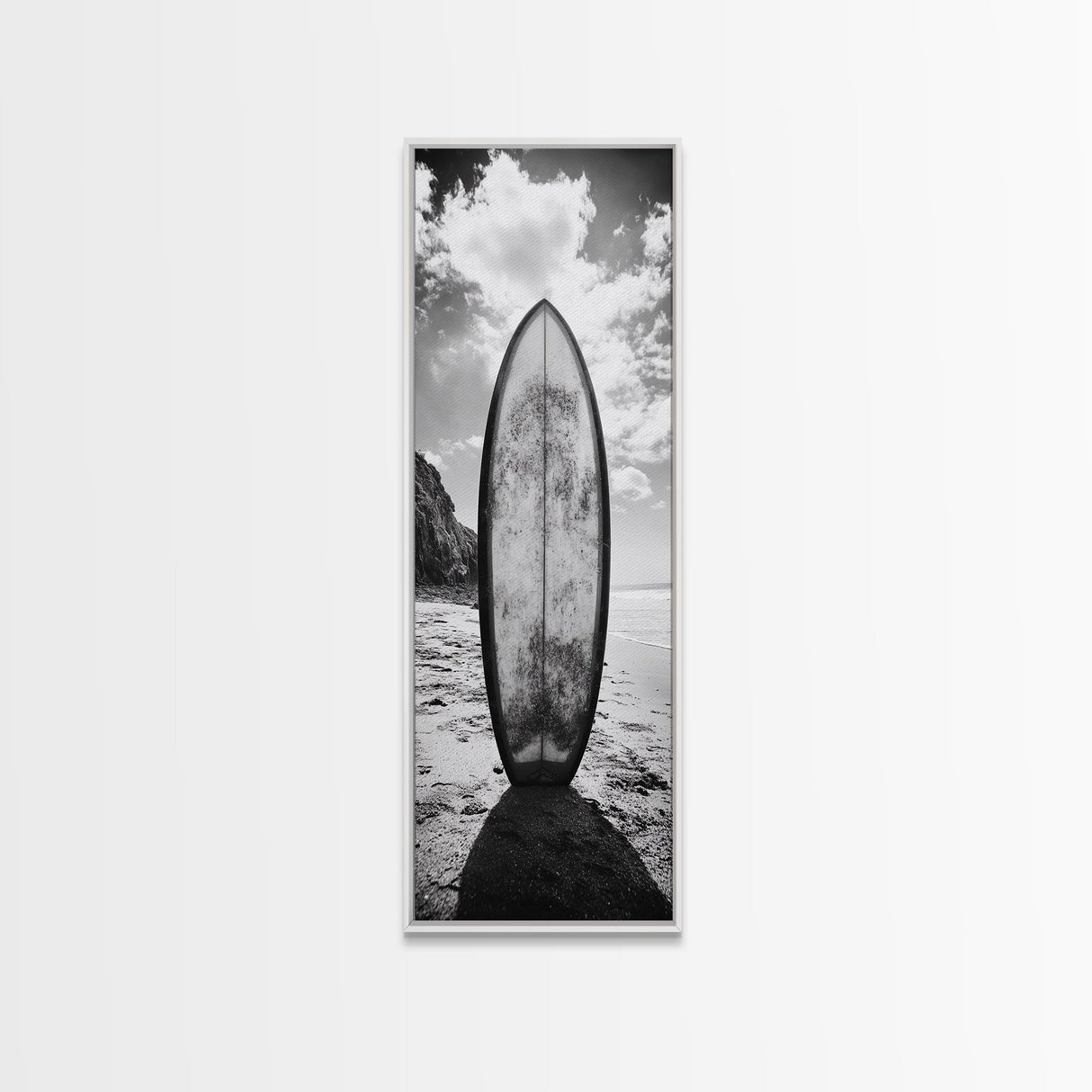 Surfboard Vertical, Sandy Beach, Coastal Rocks, Ocean Horizon, Framed Canvas Print, Surf Art, Dorm Room Decor, Tropical Vibe