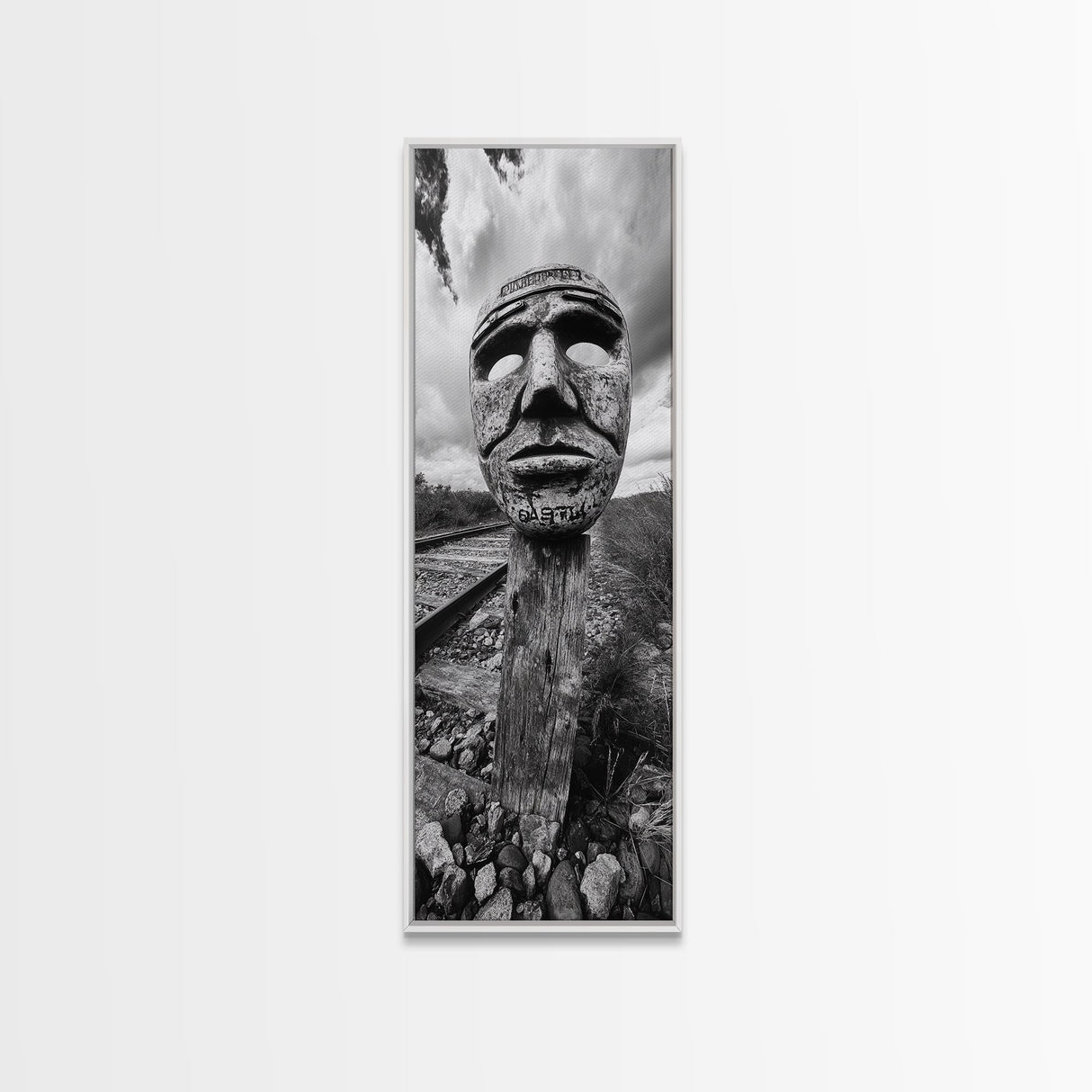 Tribal Mask, Railway Art, Abstract Face, Canvas Print, Surreal Wall Art, Eclectic Living Room Decor, Boho Urban Art, Monochrome Photography