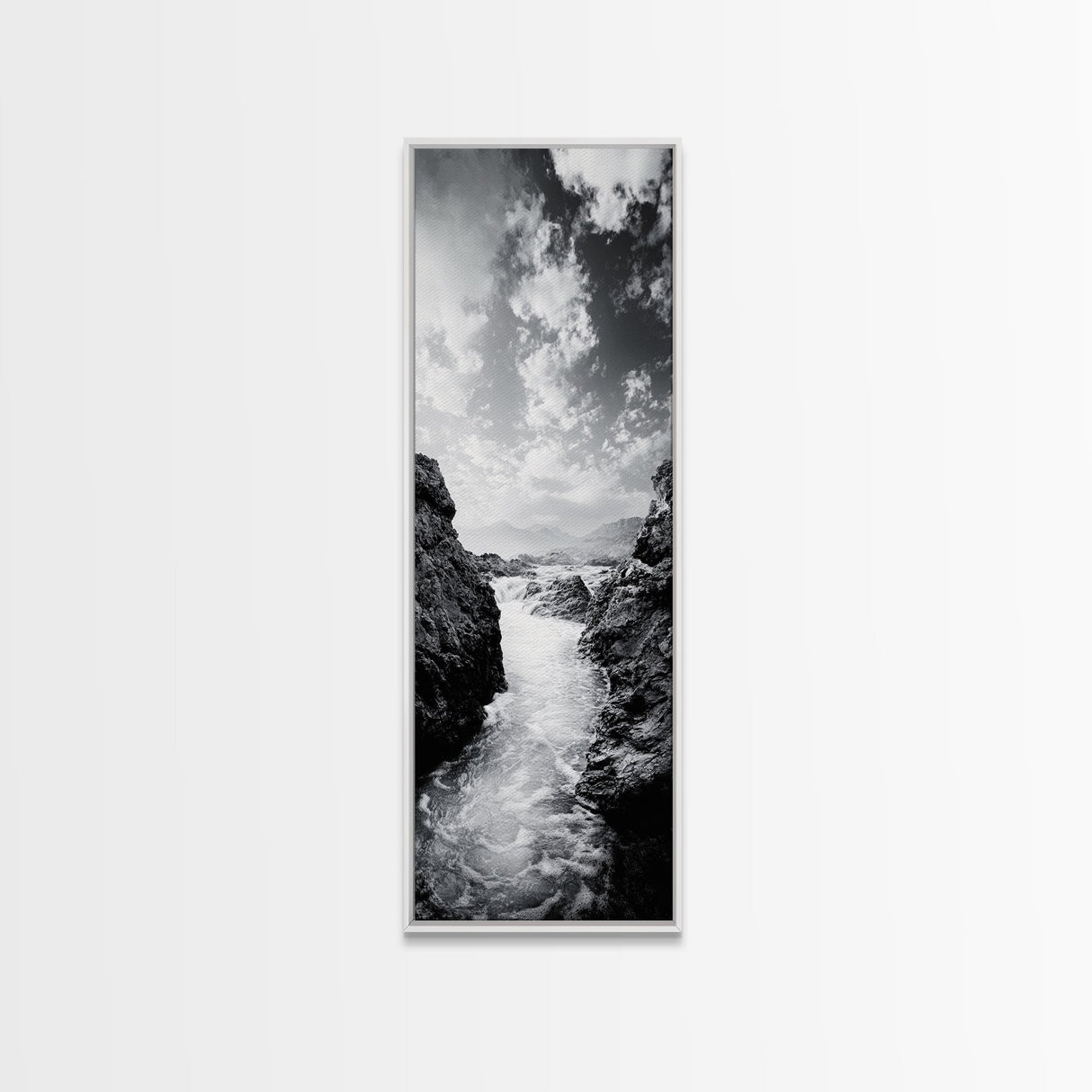 Waterfall Rocks, Mountain Mist, River Flow, Canvas Print, Black And White Landscape Art, Nature Bedroom Decor, Zen Retreat Wall Piece