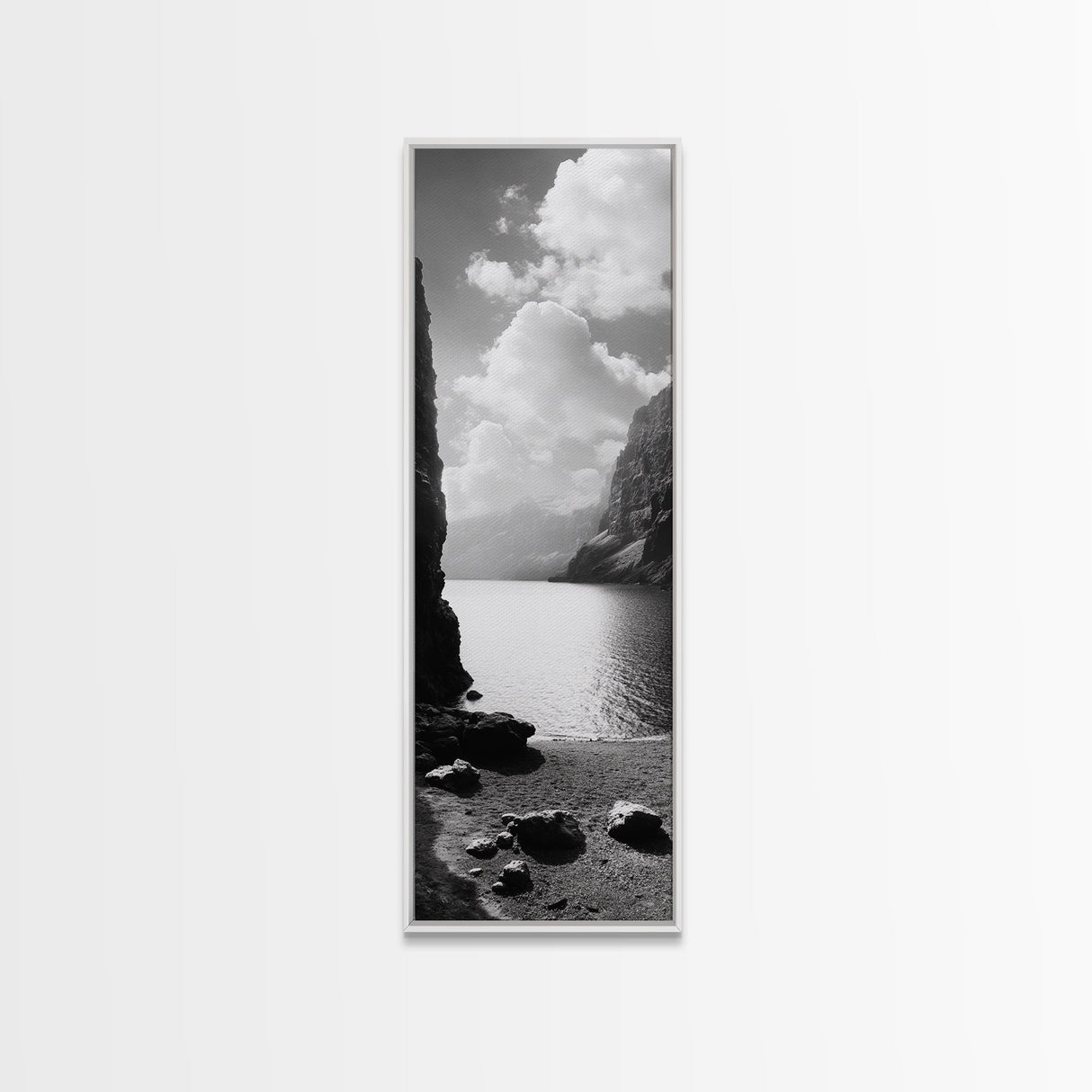Fjord Mountain Lake, Scenic Nordic Landscape, Tranquil Nature Print, Minimalist Wall Art, Bedroom Decor, Framed Canvas Print