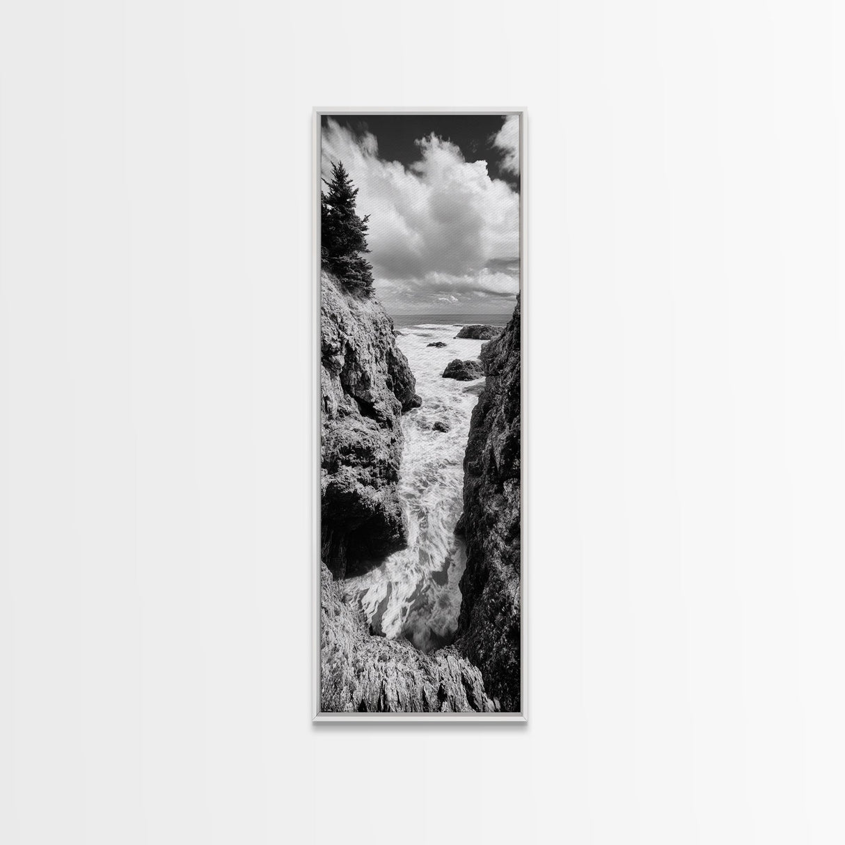 Coastal Cliff Waves, Rugged Seaside Art, Ocean Rock Photography, Bold Nature Wall Decor, Modern Bathroom Accent, Canvas Print