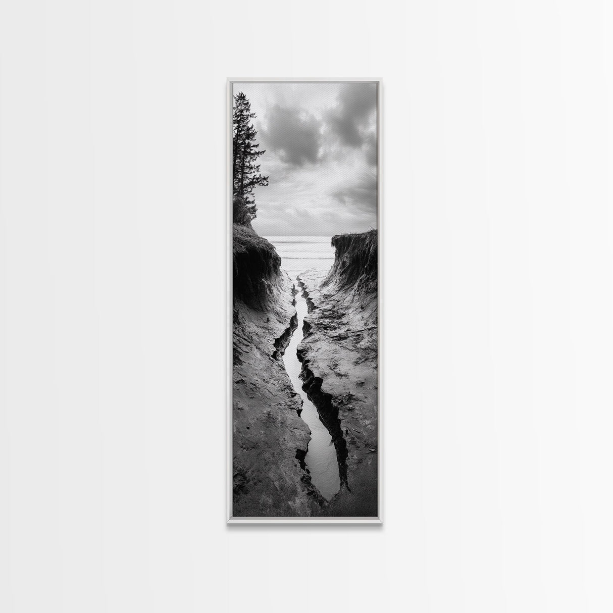 Coastal Crevice, Ocean Stream, Moody Nature, Rugged Beauty, Framed Canvas Print, Minimalist Beach Wall Art, Bedroom Art, Entryway Decor