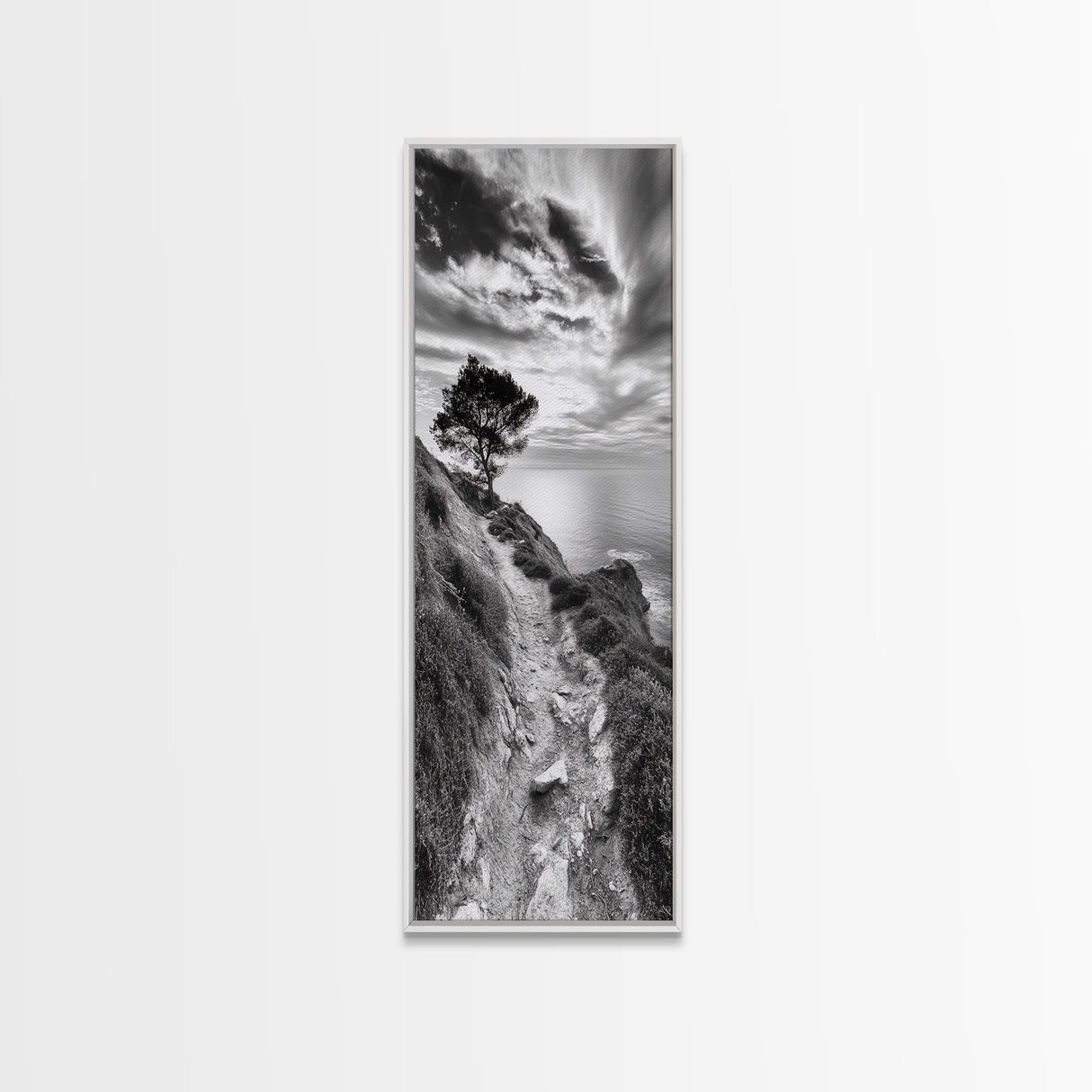 Cliffside Tree, Coastal Path, Nature Landscape, Canvas Print, Monochrome Hiking Trail Art, Boho Entryway or Office Wall Decor
