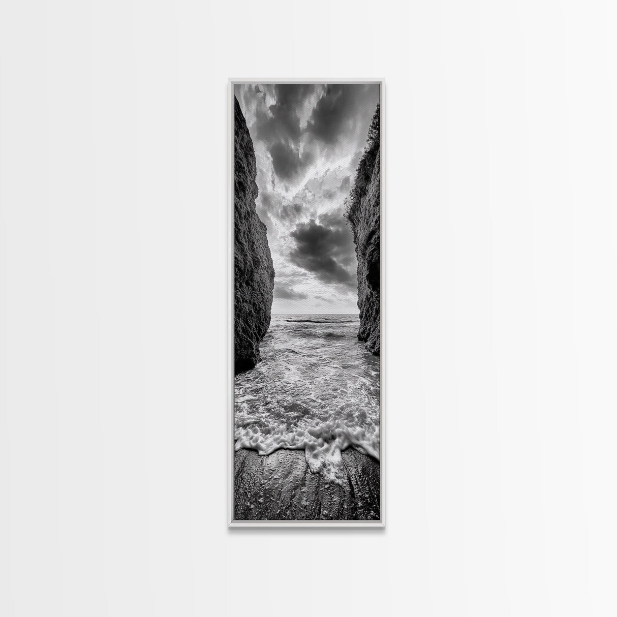 Ocean Gap, Cliffside Horizon, Black White Waves, Framed Canvas Print, Modern Coastal Wall Art, Nautical Living Room Decor, Nature Decor