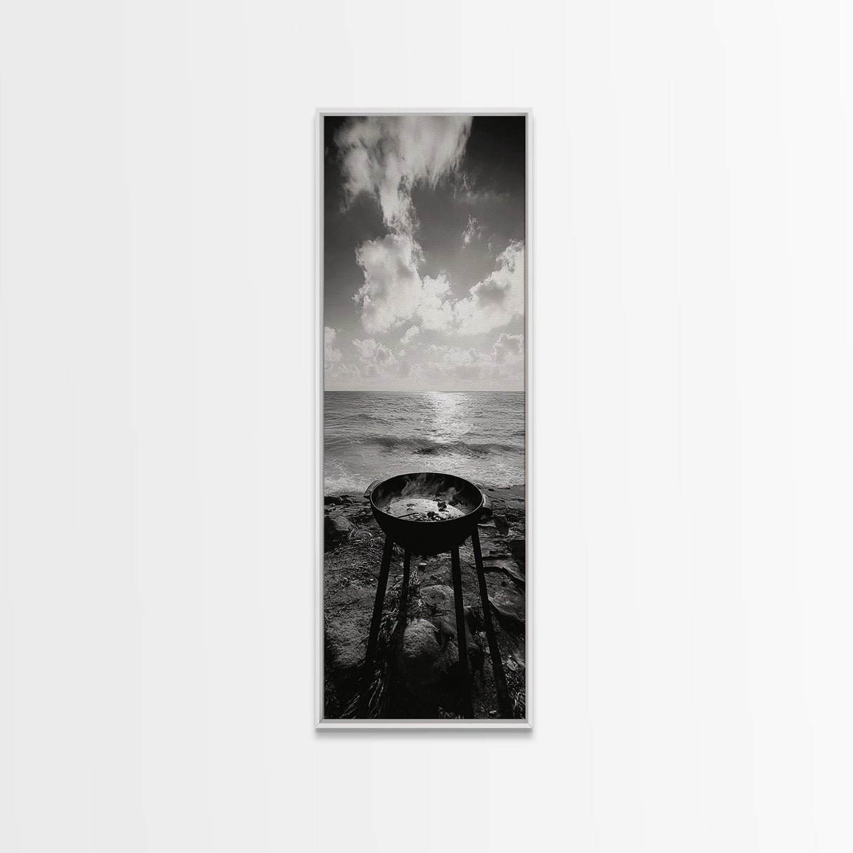 Smoky Grill, Seaside BBQ, Coastal Cooking, Framed Canvas Print, Rustic Outdoor Kitchen Art, Summer Vibes Wall Decor, Moody Beach Scene