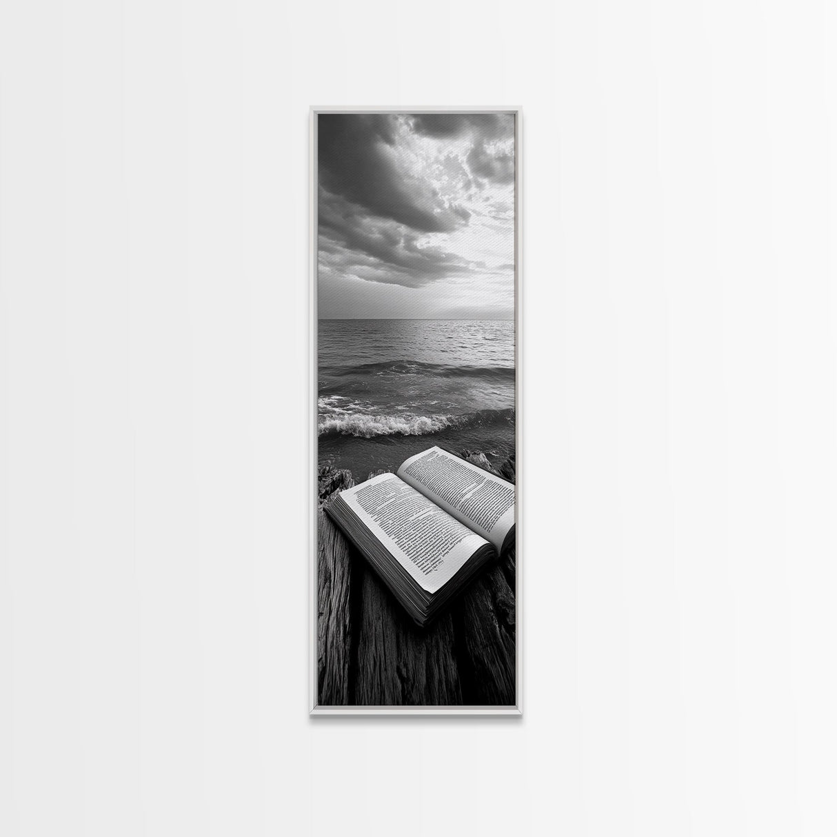 Seaside Book, Ocean Reading, Stormy Sky, Canvas Print, Cozy Beach House Art, Library Decor, Literary Wall Art, Moody Coastal Style
