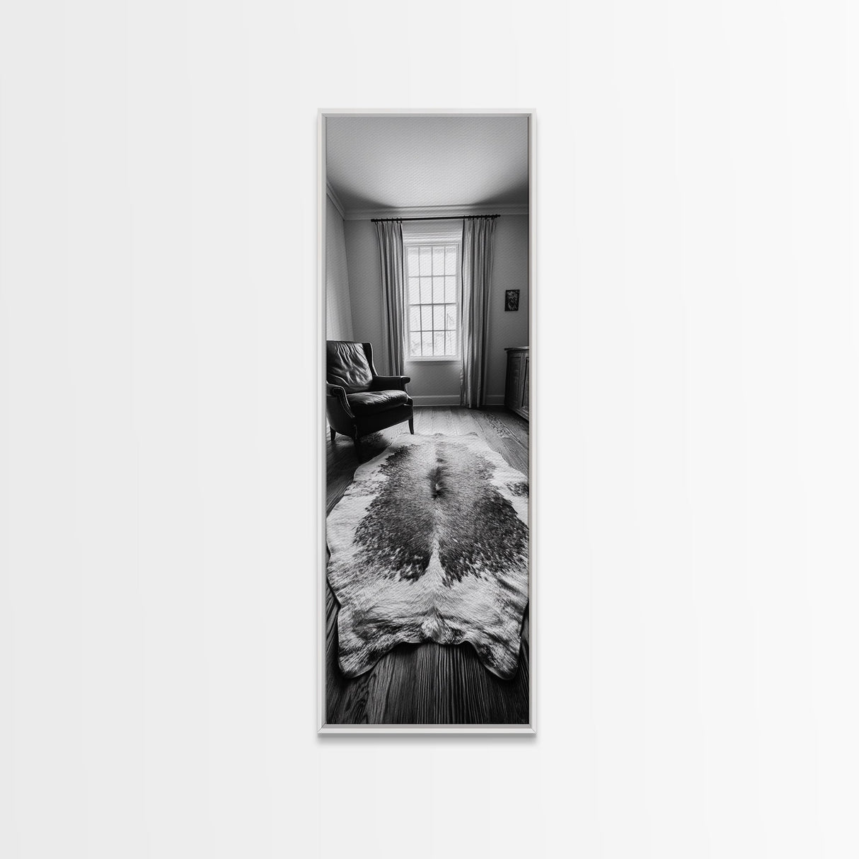 Leather Chair, Cozy Window, Cowhide Rug, Framed Canvas Print, Farmhouse Living Room Decor, Rustic Minimalist Art, Monochrome Interior