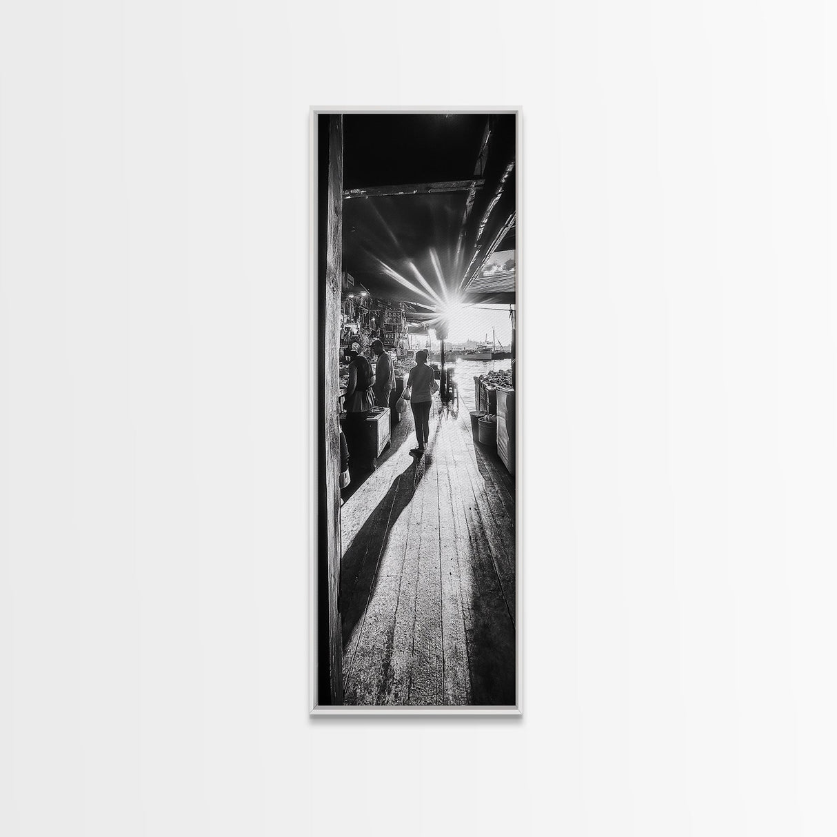 Dockside Market Light, Urban Waterfront Print, Golden Hour Street Scene, Canvas Print, Kitchen Wall Art, Moody City Photography