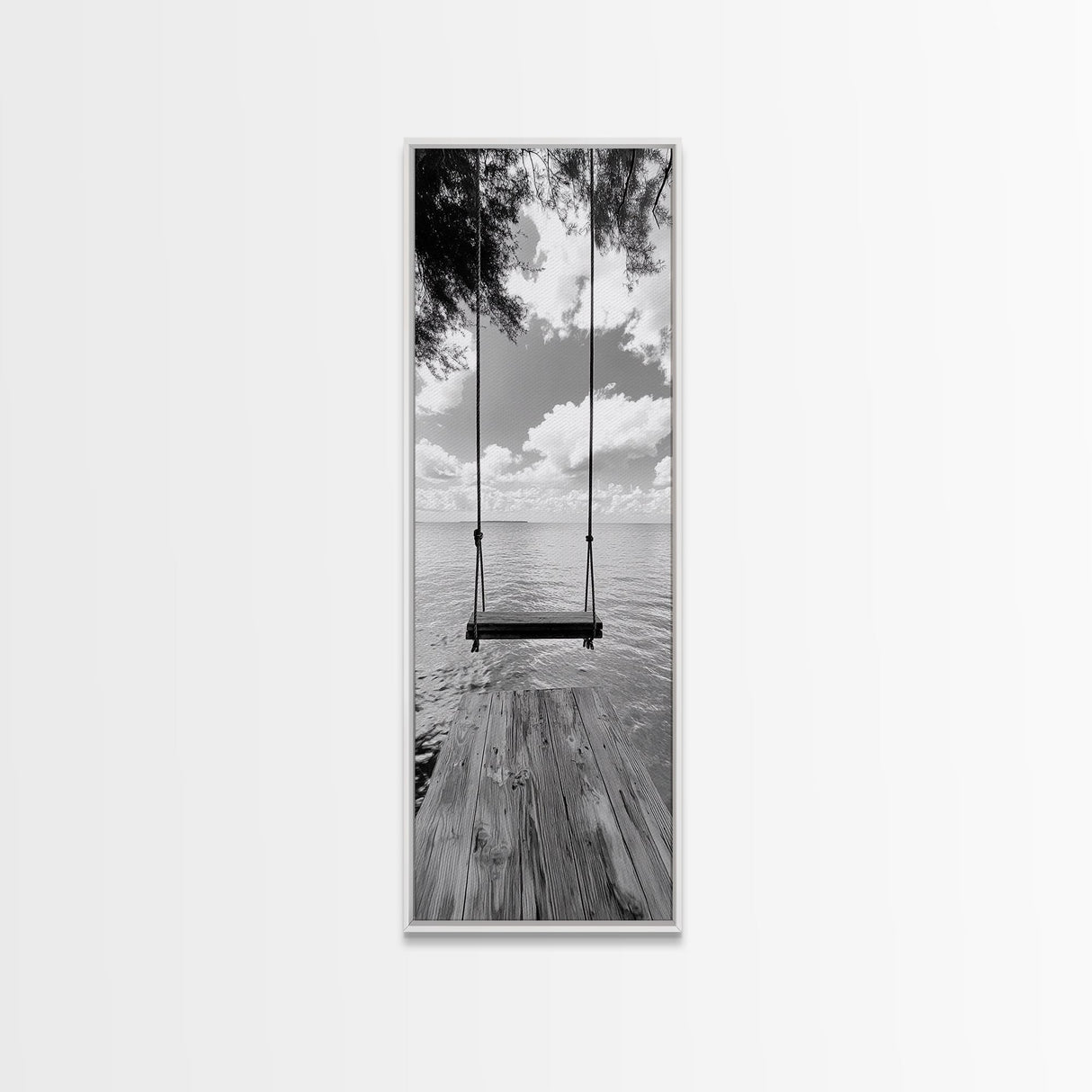Lakeside Swing Stillness, Serene Water View Print, Peaceful Dock Photography, Canvas Print, Tranquil Bedroom or Office Wall Art