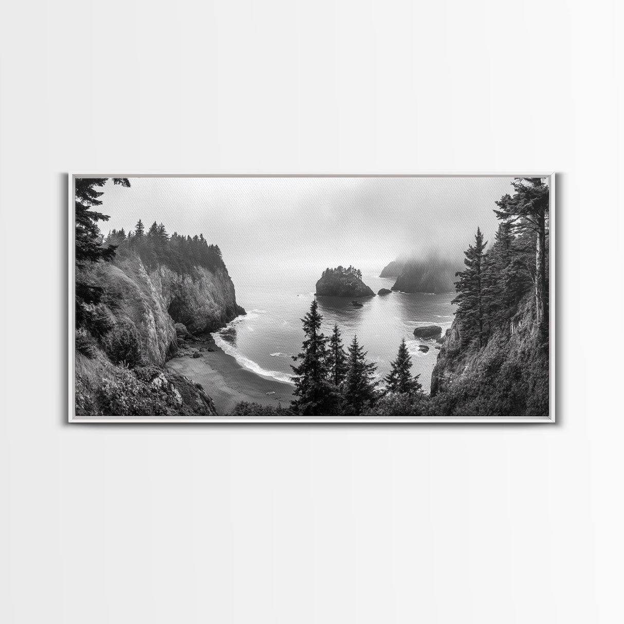 Misty Coastal Cliffs, Ocean Horizon, Monochrome Art, Nature Landscape, Canvas Print, Rustic Living Room Decor, Moody Wall Art, Black and White