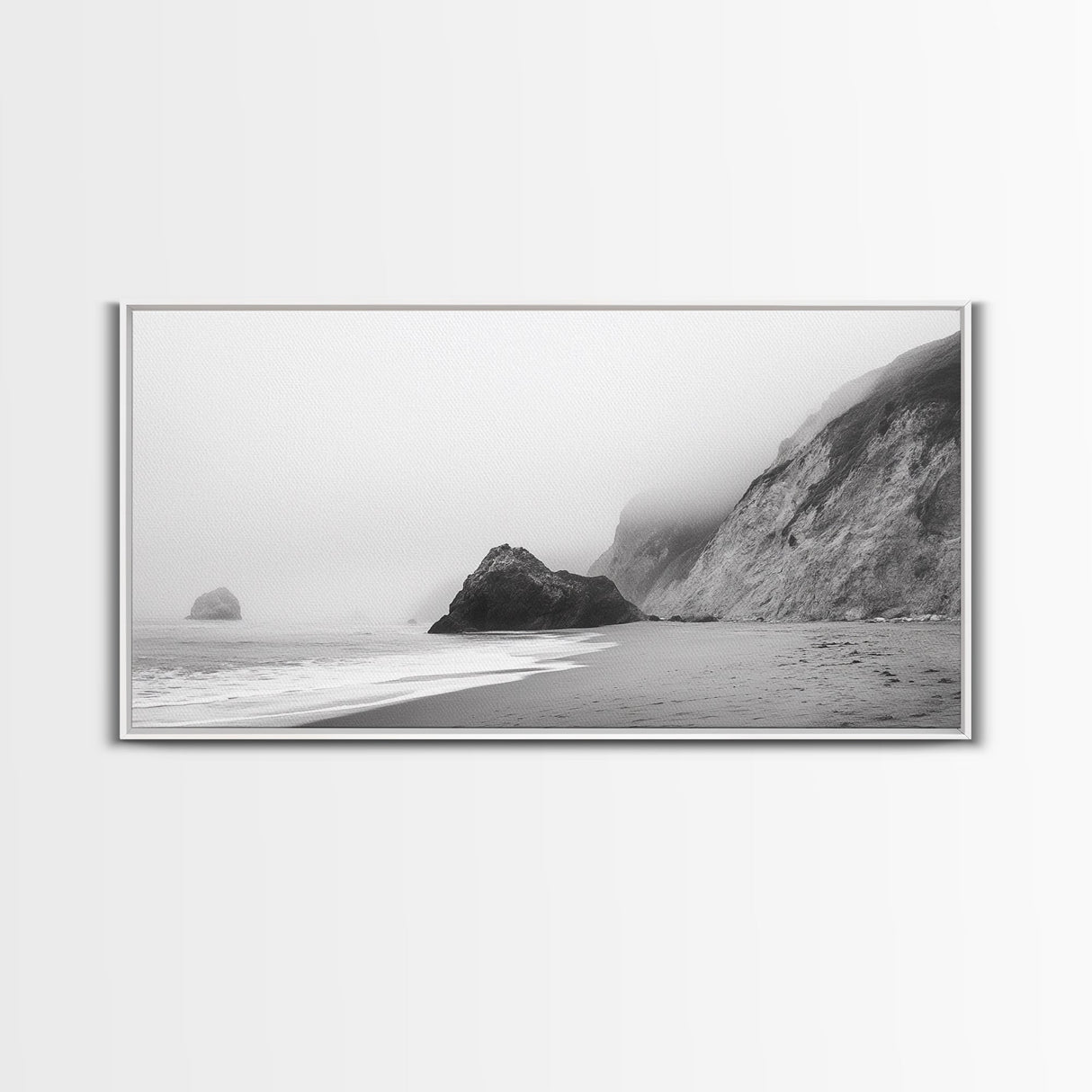 Foggy Beach Boulders, Minimalist Shoreline, Moody Monochrome, Canvas Print, Neutral Bathroom Art, Zen Wall Decor, Calm Coastal Scene