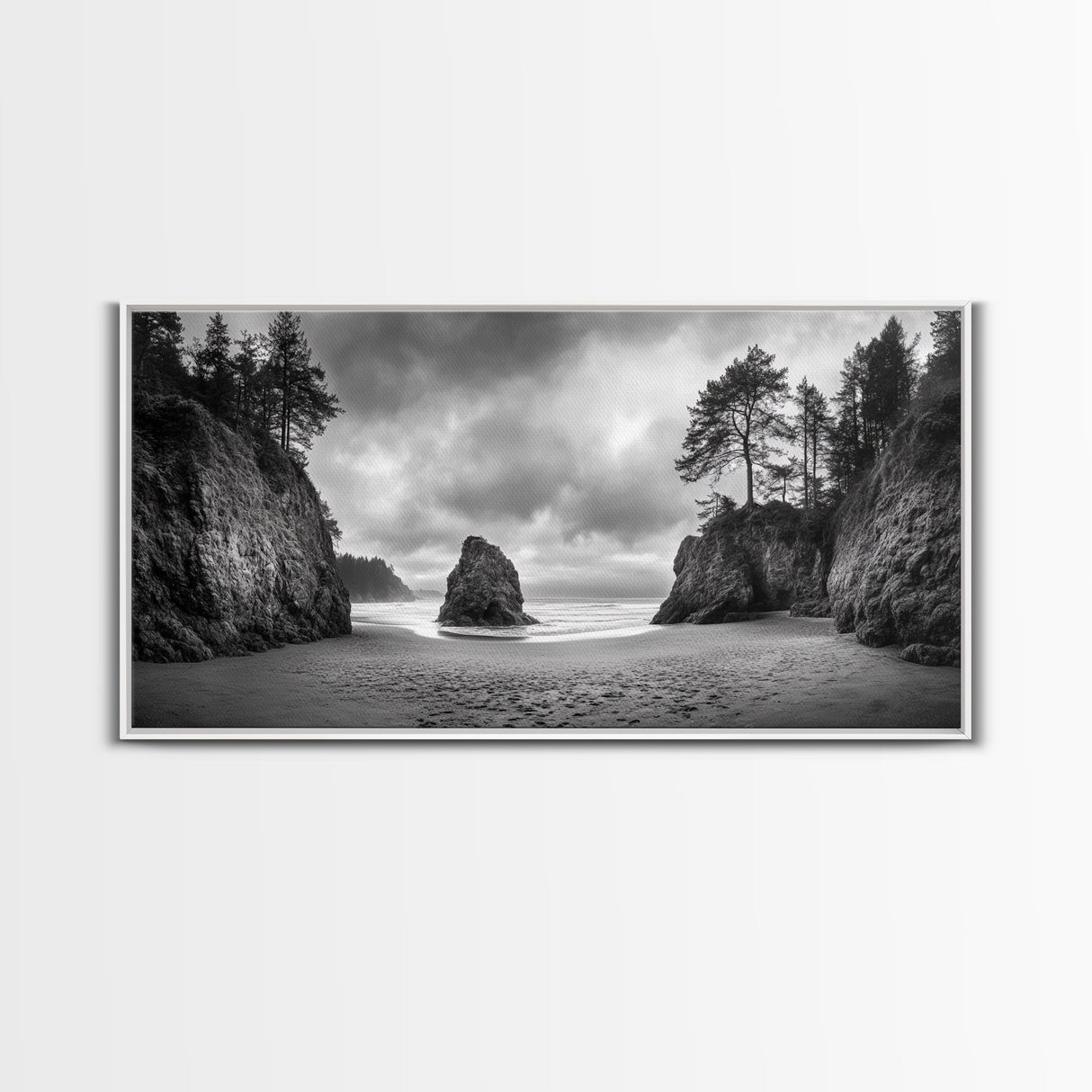 Hidden Coastal Cove, Dramatic Ocean Scene, Natural Seascape, Canvas Print, Rustic Cabin Wall Art, Black and White Beach Photography