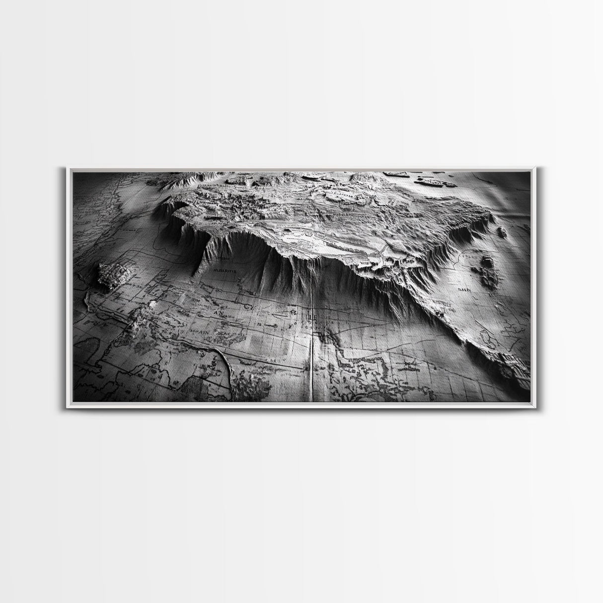 Topographic Map Detail, Antique Terrain, Black and White Landscape, Canvas Print, Office Wall Art, Historical Geography Decor