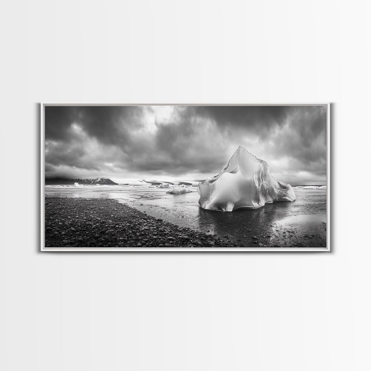 Arctic Iceberg Shore, Moody Cloud Sky, Frozen Water Landscape, Framed Canvas Print, Office Wall Art, Nordic Minimalist Art
