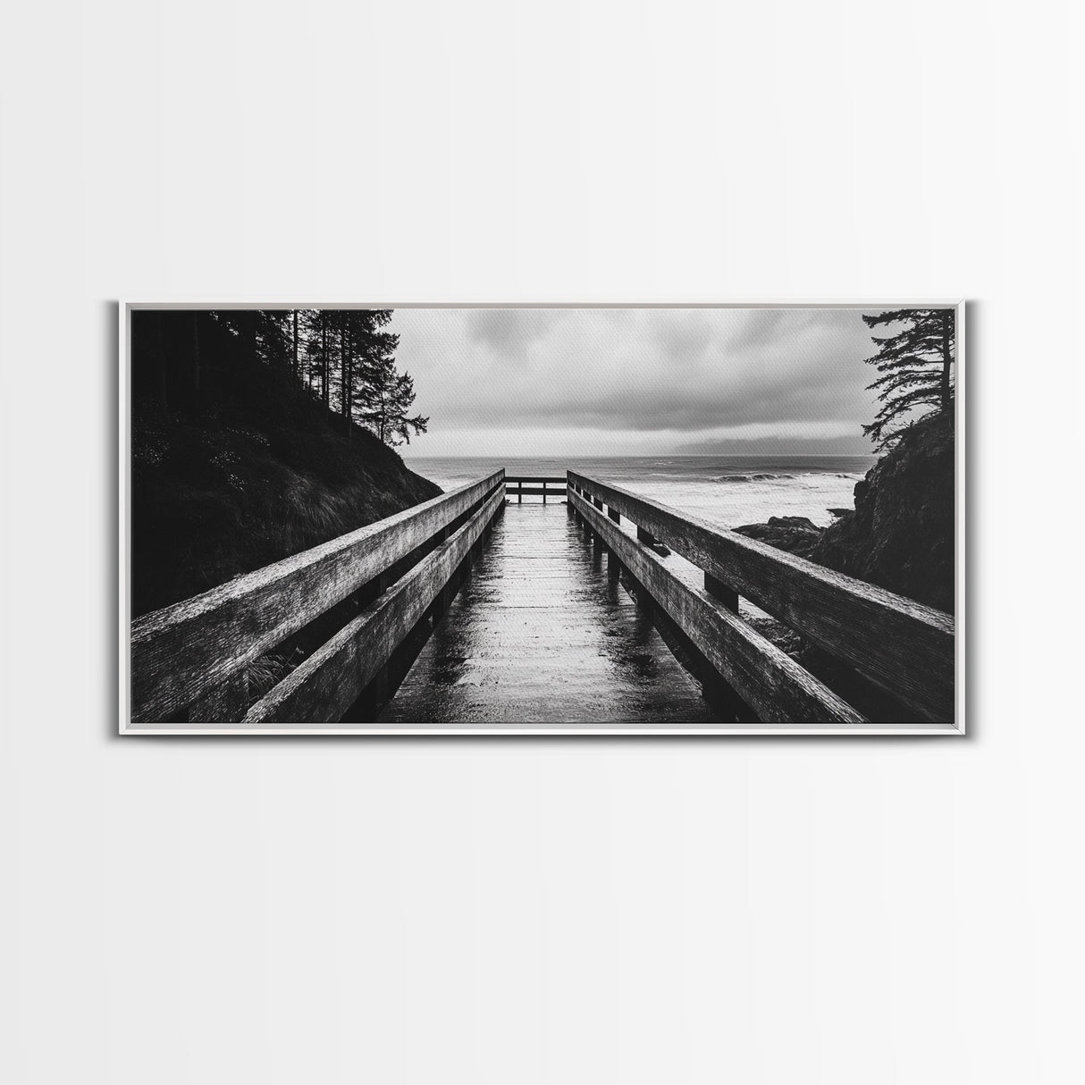 Rainy Dock View, Ocean Storm Mood, Moody Coastal Photo, Canvas Print, Living Room Wall Art, Black and White Nautical Decor, Rustic Coastal