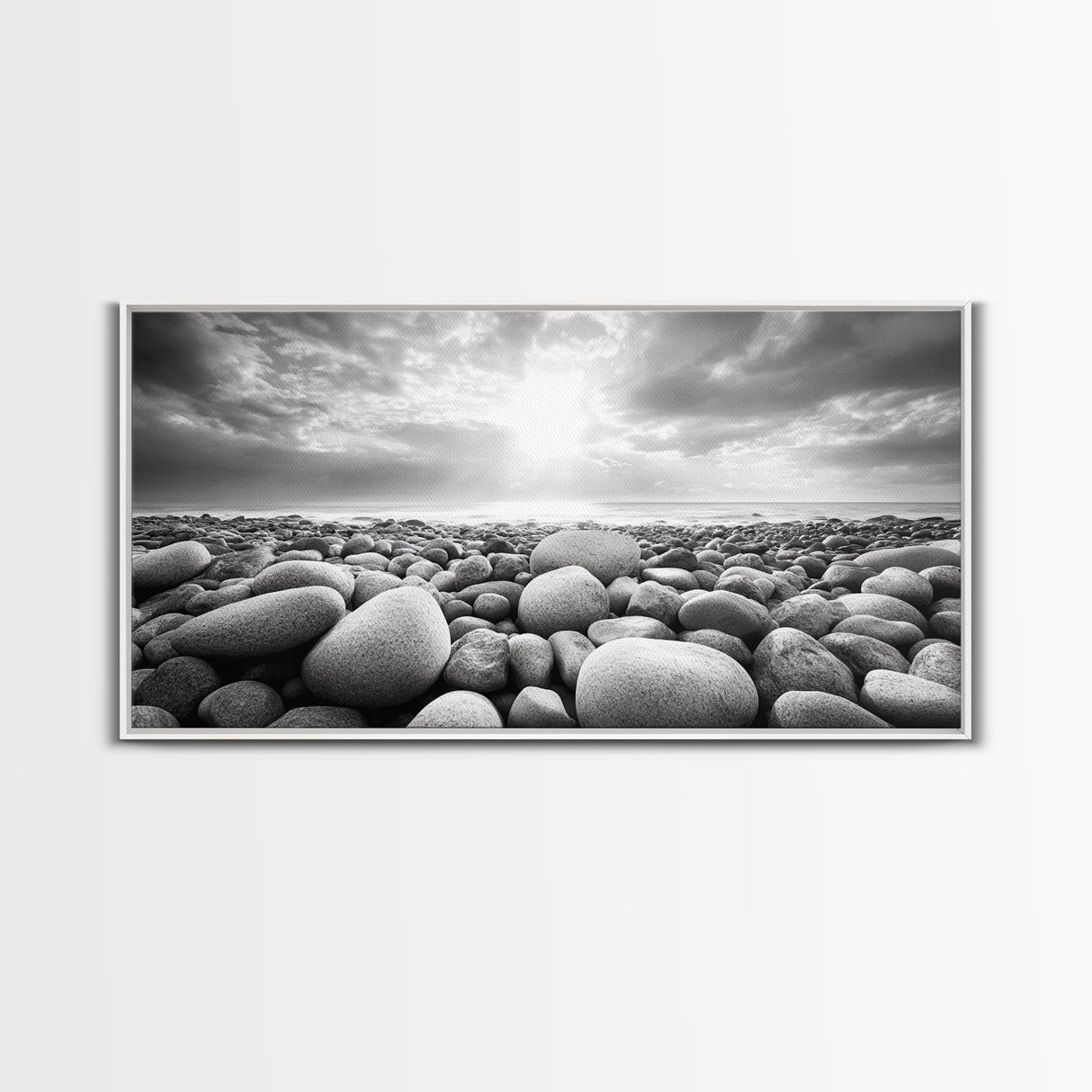 Pebble Beach Sunrise, Serene Rock Shore, Ocean Horizon Light, Framed Canvas Print, Bathroom Wall Art, Minimalist Coastal Decor