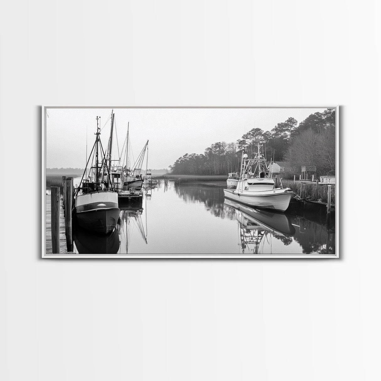 Fishing Boats Docked, Quiet Harbor Scene, Nautical River View, Framed Canvas Print, Kitchen Wall Art, Rustic Coastal Decor, Lodge Wall Art