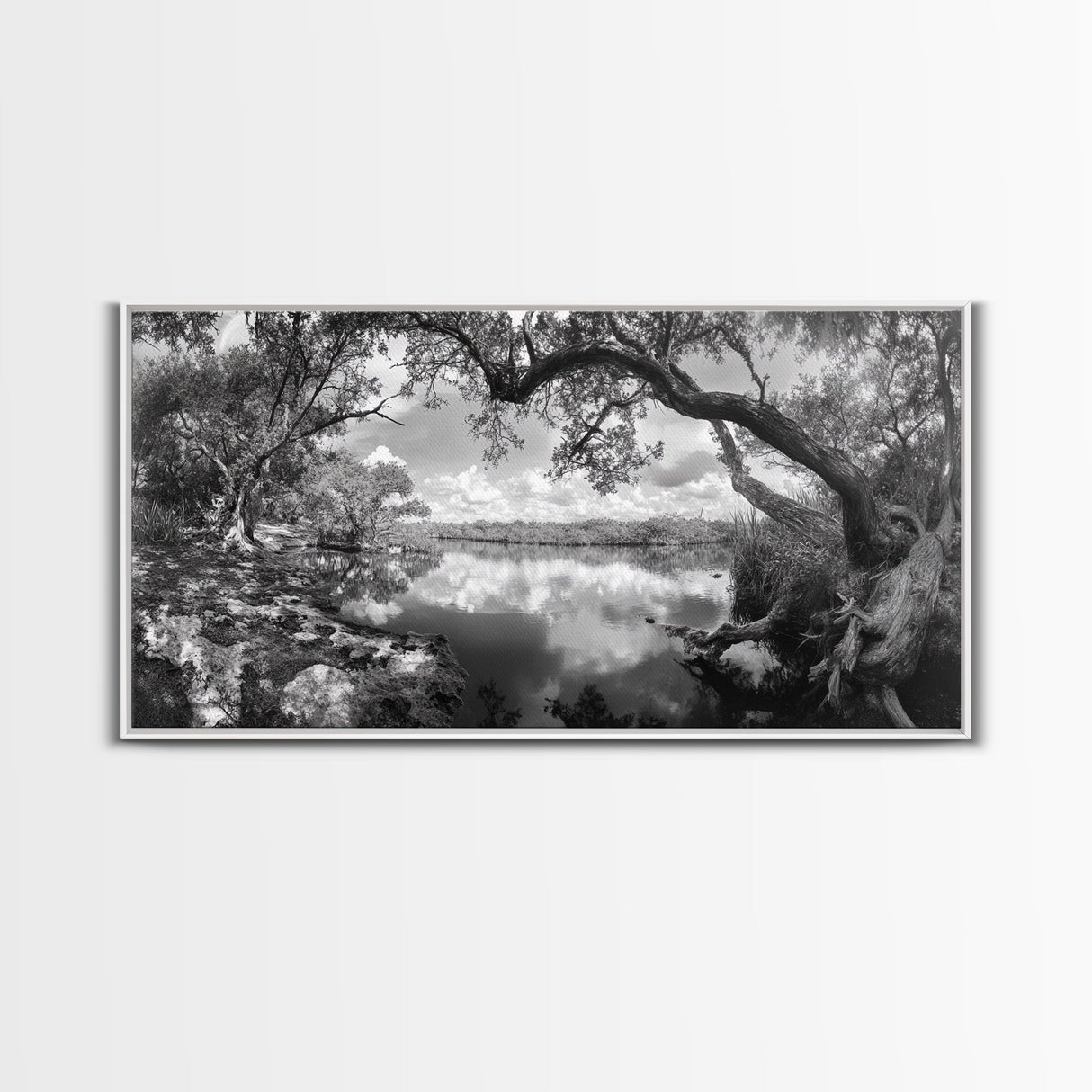 Tree Arch Reflection, Tranquil River View, Nature Canopy Water, Framed Canvas Print, Bedroom Wall Art, Zen Landscape Art, Cabin Decor