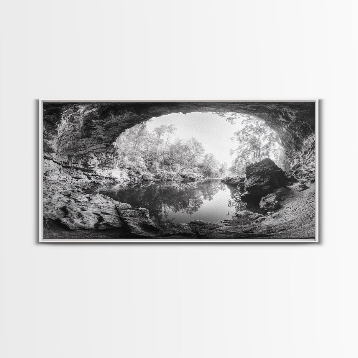 Cave Entrance Lake, Hidden Forest View, Rock Reflection Water, Canvas Print, Hallway Wall Art, Adventure Wilderness Decor, Minimalist Style