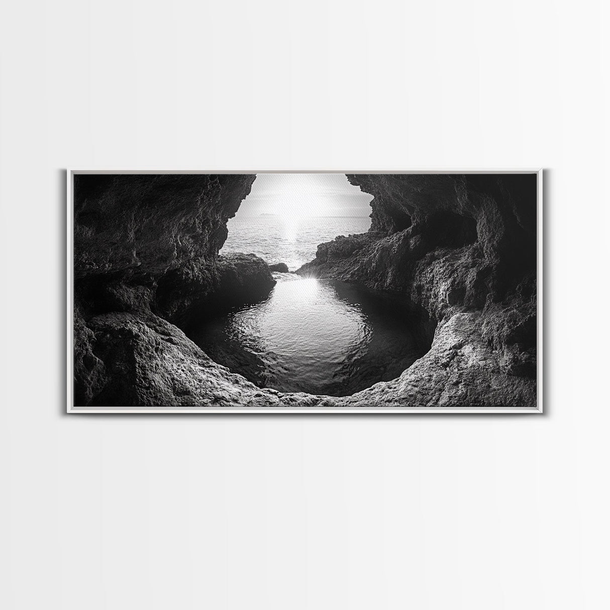 Ocean Cave Sunset, Seascape Art, Black and White Photography, Coastal Decor, Minimalist Style, Canvas Print, Bathroom Wall Art