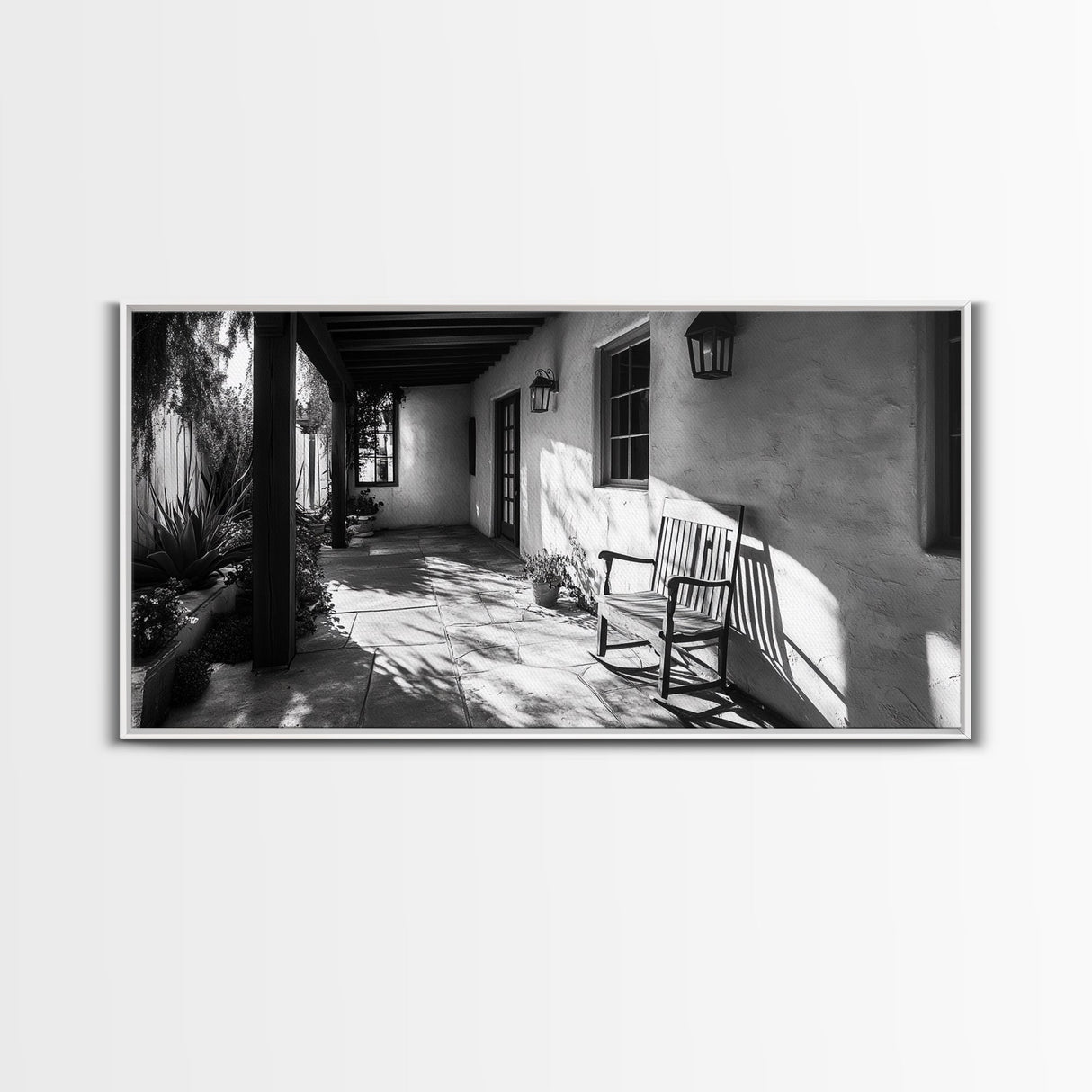 Porch Shadows Light, Rustic Patio, Black and White Decor, Farmhouse Entryway, Framed Canvas Print, Country Kitchen Wall Art, Bedroom Wall Art