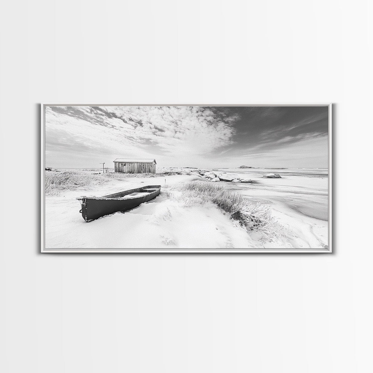 Snowy Coastal Boat, Rustic Winter Landscape, Farmhouse Wall Art, Neutral Tones, Canvas Print, Entryway or Fall Seasonal Decor