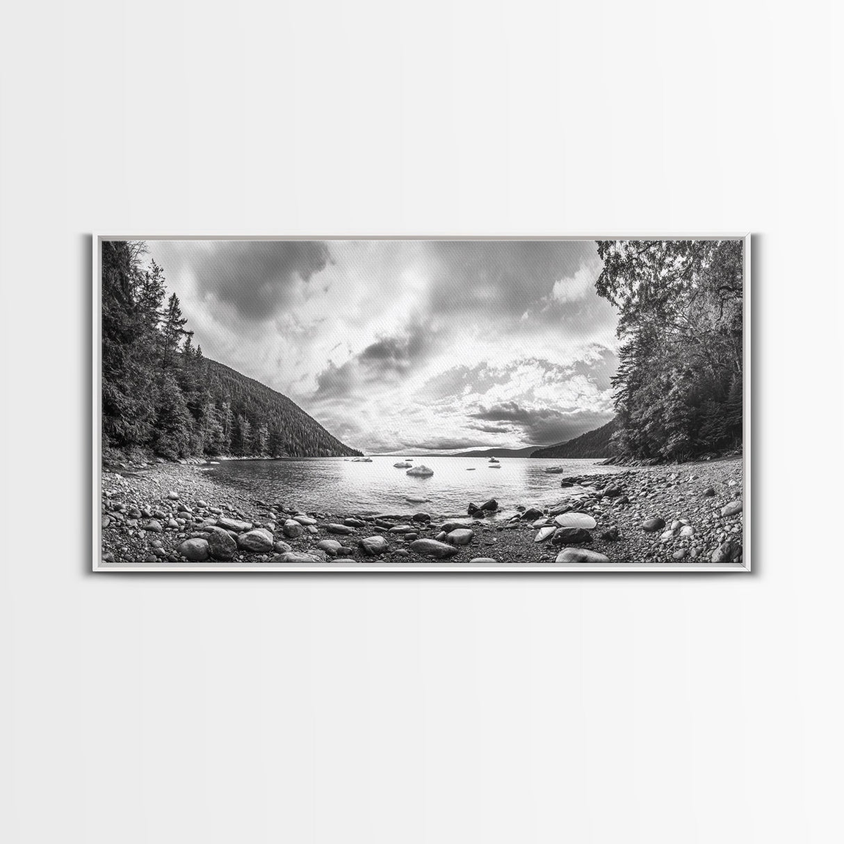 Forest Lake Serenity, Monochrome Nature, Tranquil Landscape, Canvas Print, Lodge Wall Art, Minimalist Cabin Decor, Black White