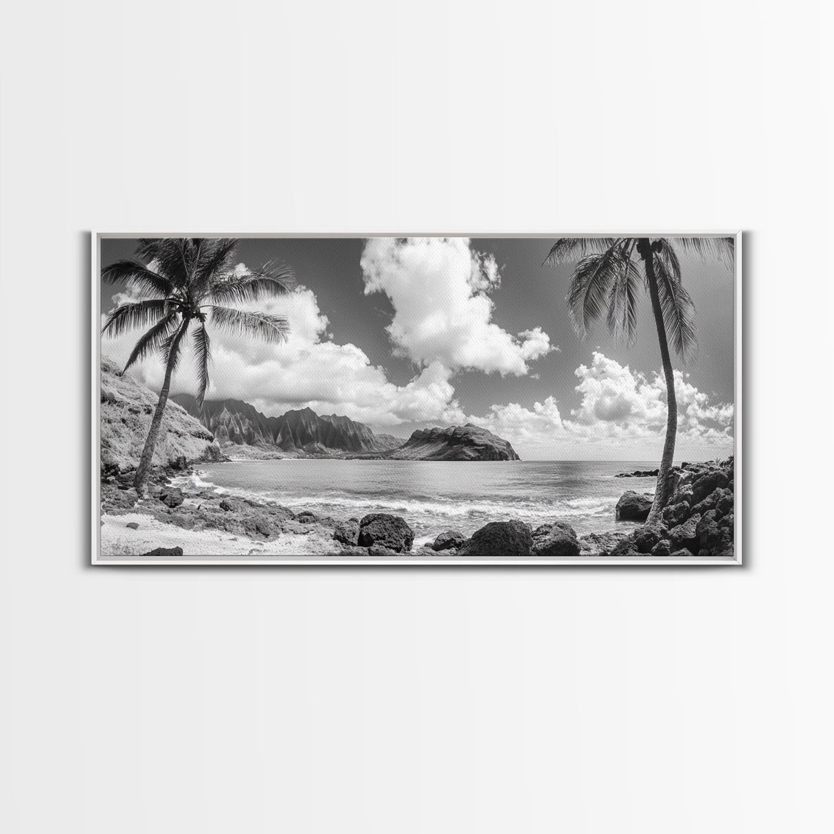 Tropical Beach View, Palm Tree Paradise, Black and White Island, Coastal Wall Decor, Canvas Print, Boho Living Room Art, Office Wall Art