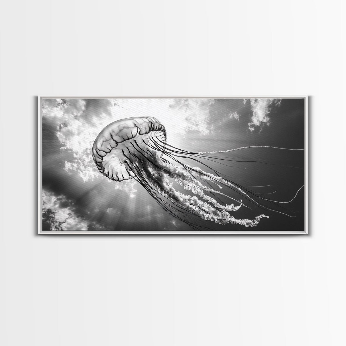 Jellyfish In Light, Ocean Life Art, Monochrome Sea Creature, Canvas Print, Coastal Bathroom Wall Art, Marine Modern Decor, Office Wall Art