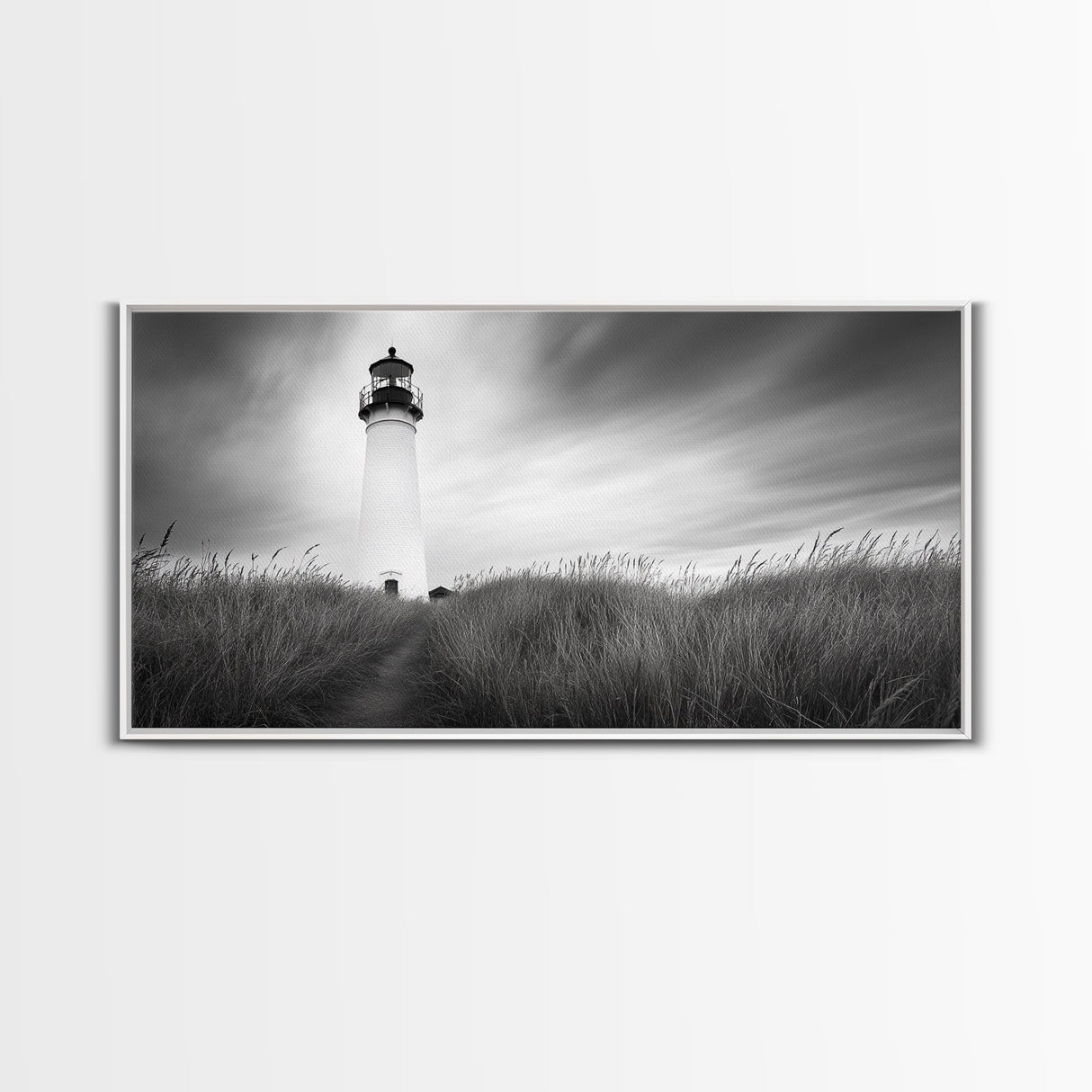 Lighthouse Grass, Seaside Tower, Stormy Sky, Black White, Framed Canvas Print, Beach Bathroom Art, Minimalist Decor, Nautical Print