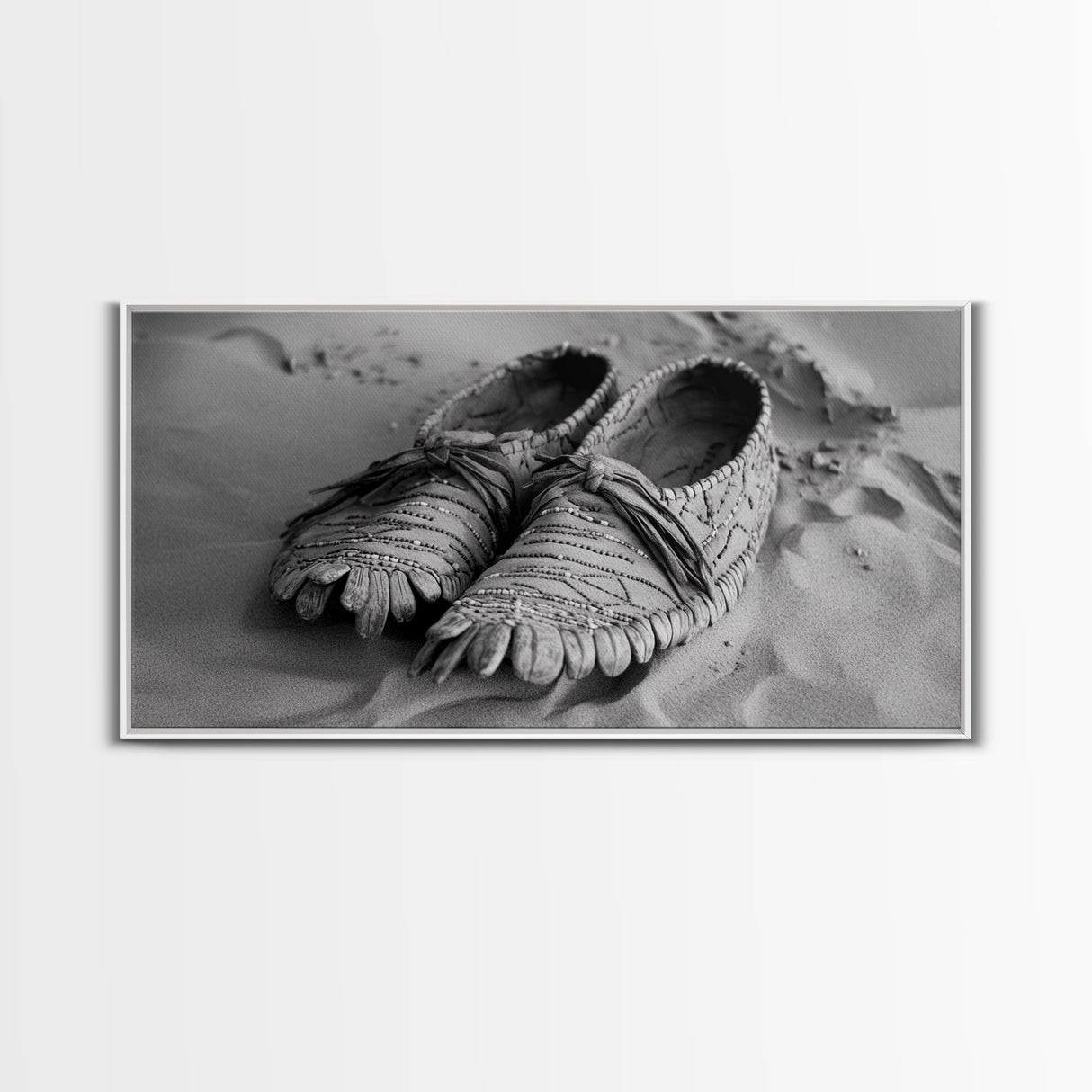 Moccasins in Sand, Rustic Footwear Art, Cultural Detail Photo, Framed Canvas Print, Boho Entryway Wall Decor, Western Minimalist