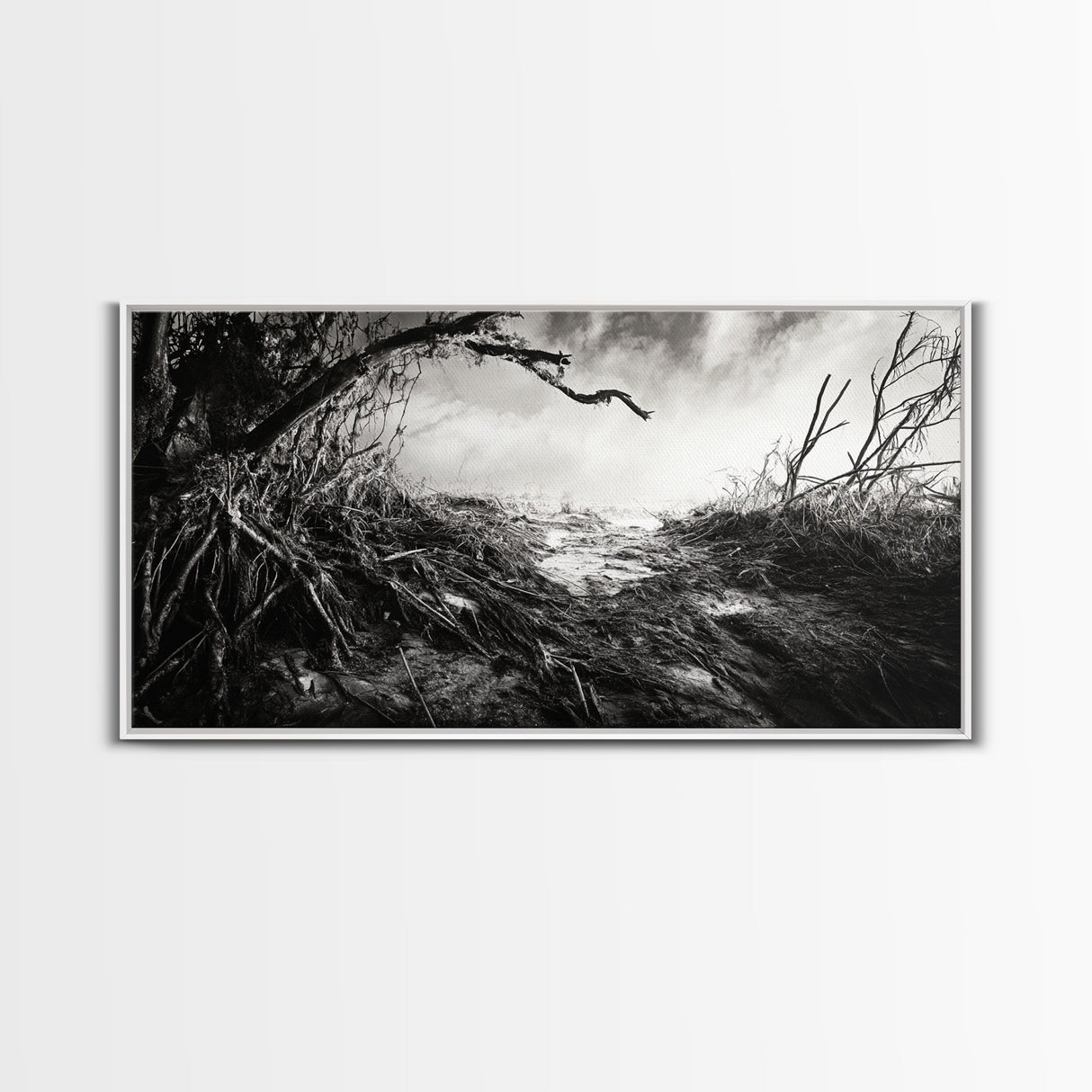Stormy Shore, Erosion Roots, Driftwood Beach, Nature Drama, Framed Canvas Print, Moody Wall Art, Fall Living Room Decor, Dark Rustic Style