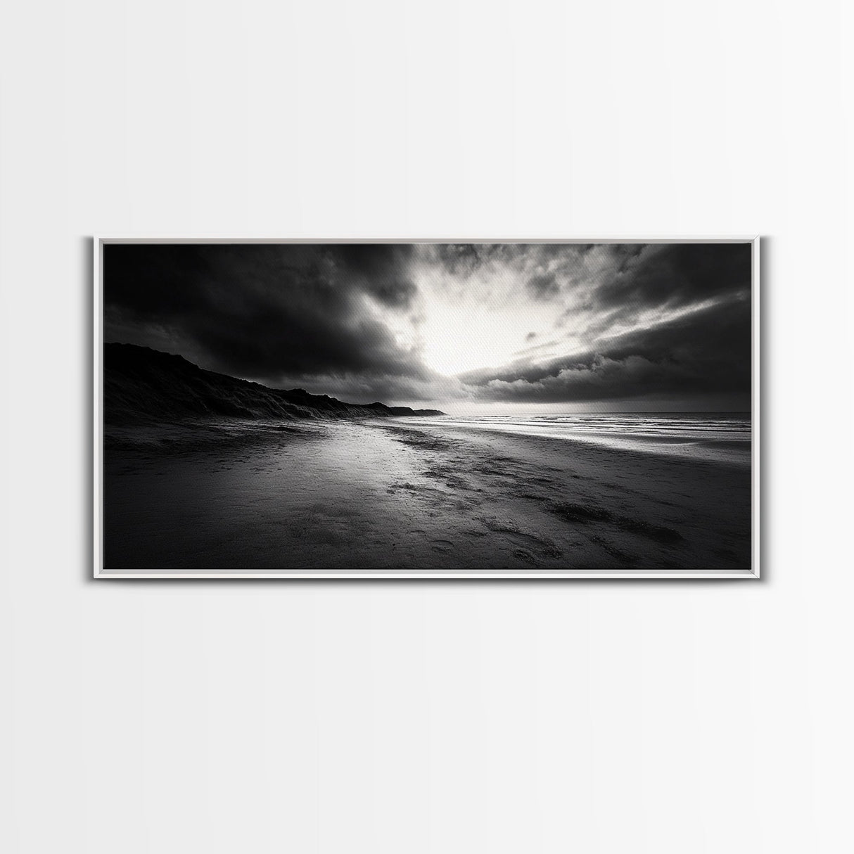 Stormy Coast, Dramatic Sky, Ocean Dusk, Monochrome Landscape, Framed Canvas Print, Bedroom Wall Art, Minimalist Coastal Decor