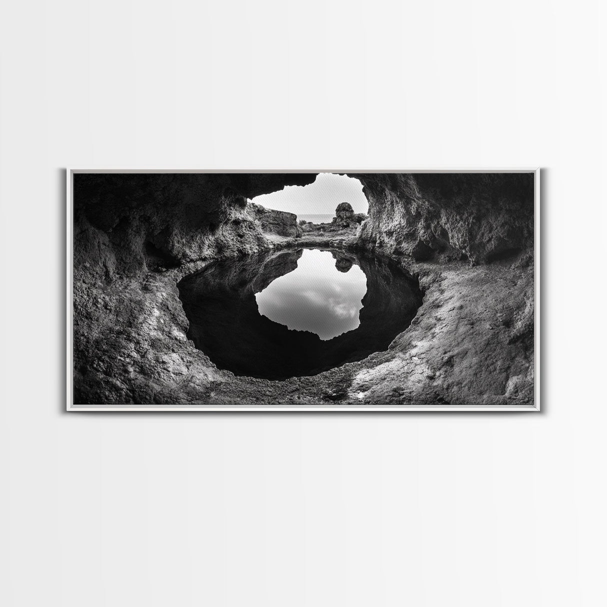 Sea Cave, Rocky Texture, Coastal Reflection, Natural Formations, Framed Canvas Print, Bathroom Art, Earthy Wall Decor, Zen Style