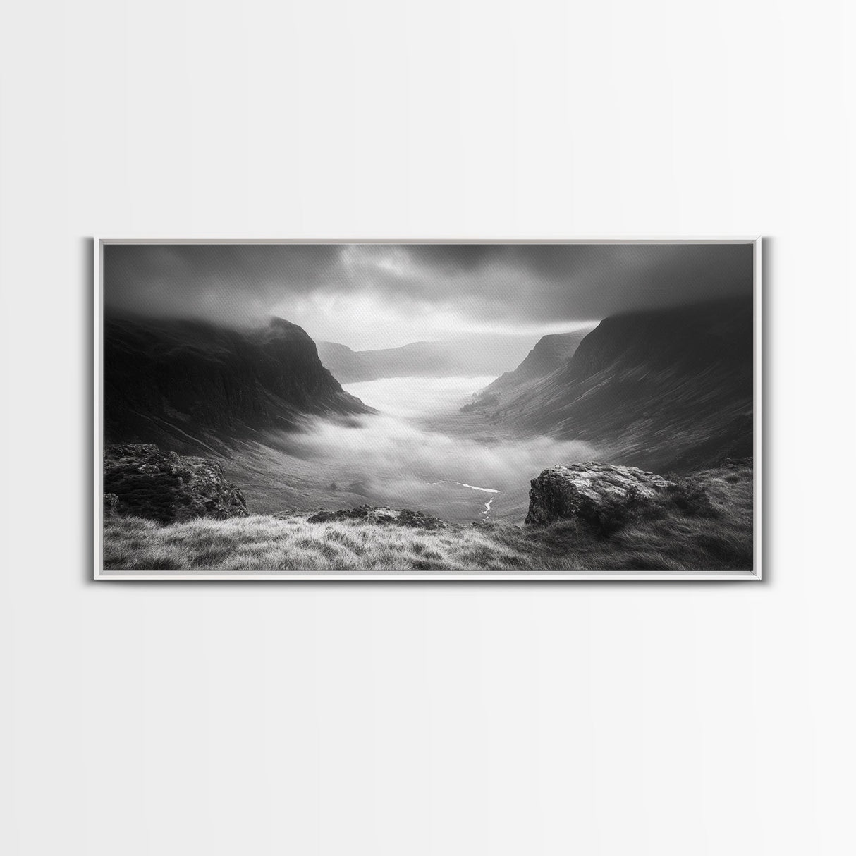 Foggy Valley, Highland Mist, Mountain View, Serene Landscape, Framed Canvas Print, Office Wall Art, Nature Escape, Zen Mountains