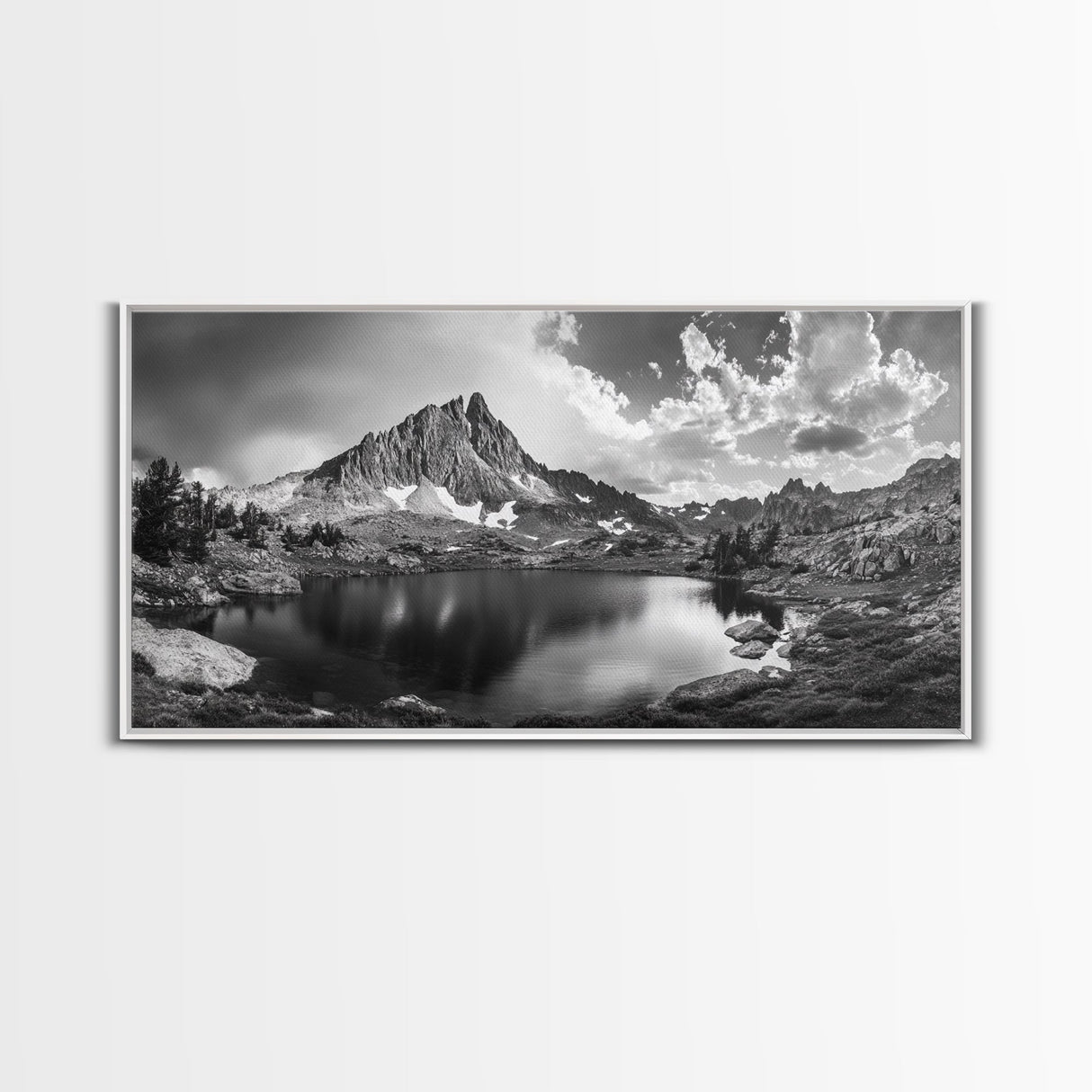 Alpine Lake, Rocky Mountain, Scenic Vista, Nature Reflection, Framed Canvas Print, Rustic Wall Art, Bedroom Wilderness Decor