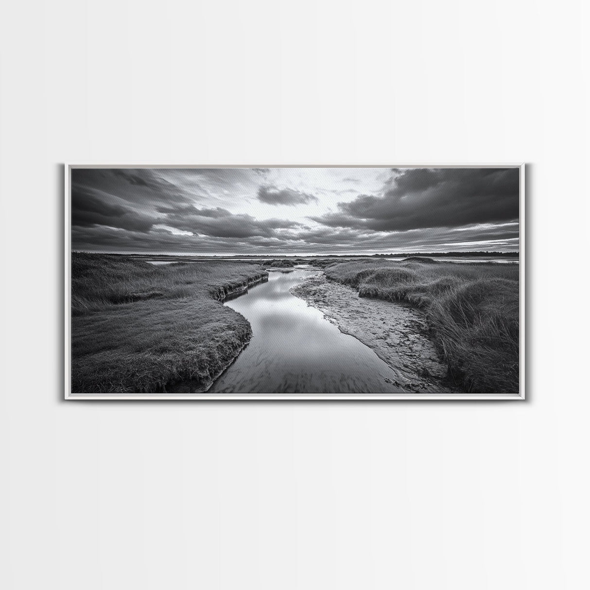 Marshland Serenity, River Flow, Cloudy Mood, Nature Calm, Framed Canvas Print, Coastal Wall Art, Bathroom Tranquil Landscape