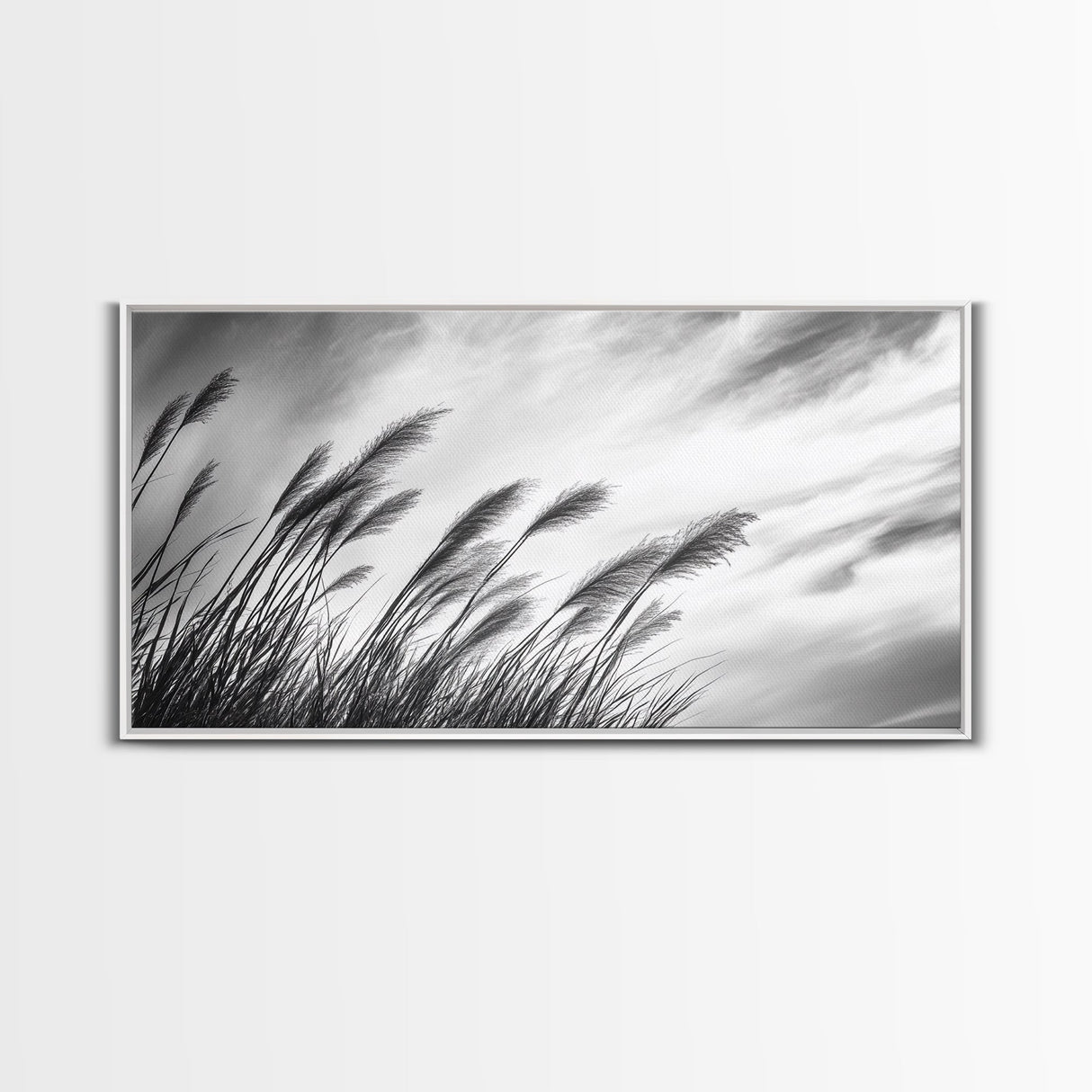 Pampas Grass, Wind Blown, Sky Motion, Autumn Field, Framed Canvas Print, Boho Wall Art, Bedroom Fall Botanical Decor, Living Room Decor